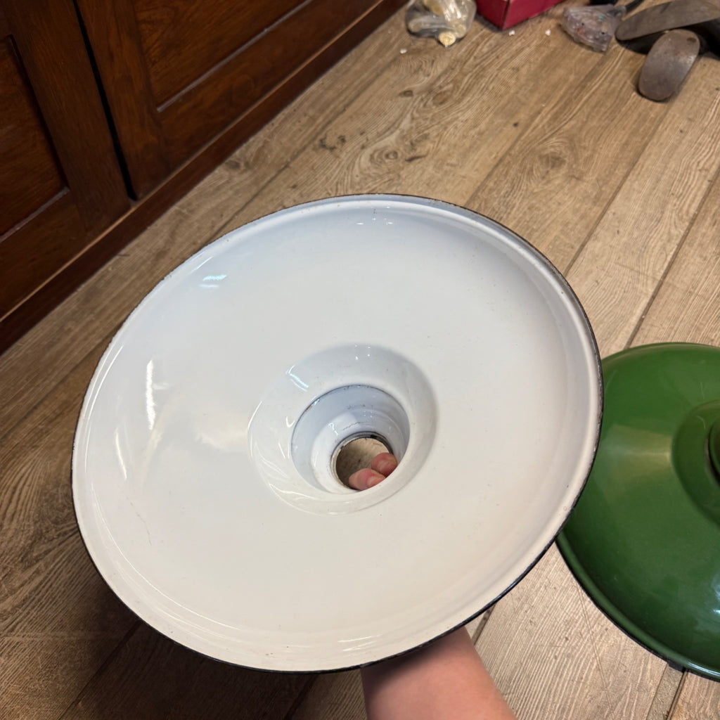 Vintage Pair 14" Green Porcelain Enamel Industrial Barn Light Gas Station Oil and Gas