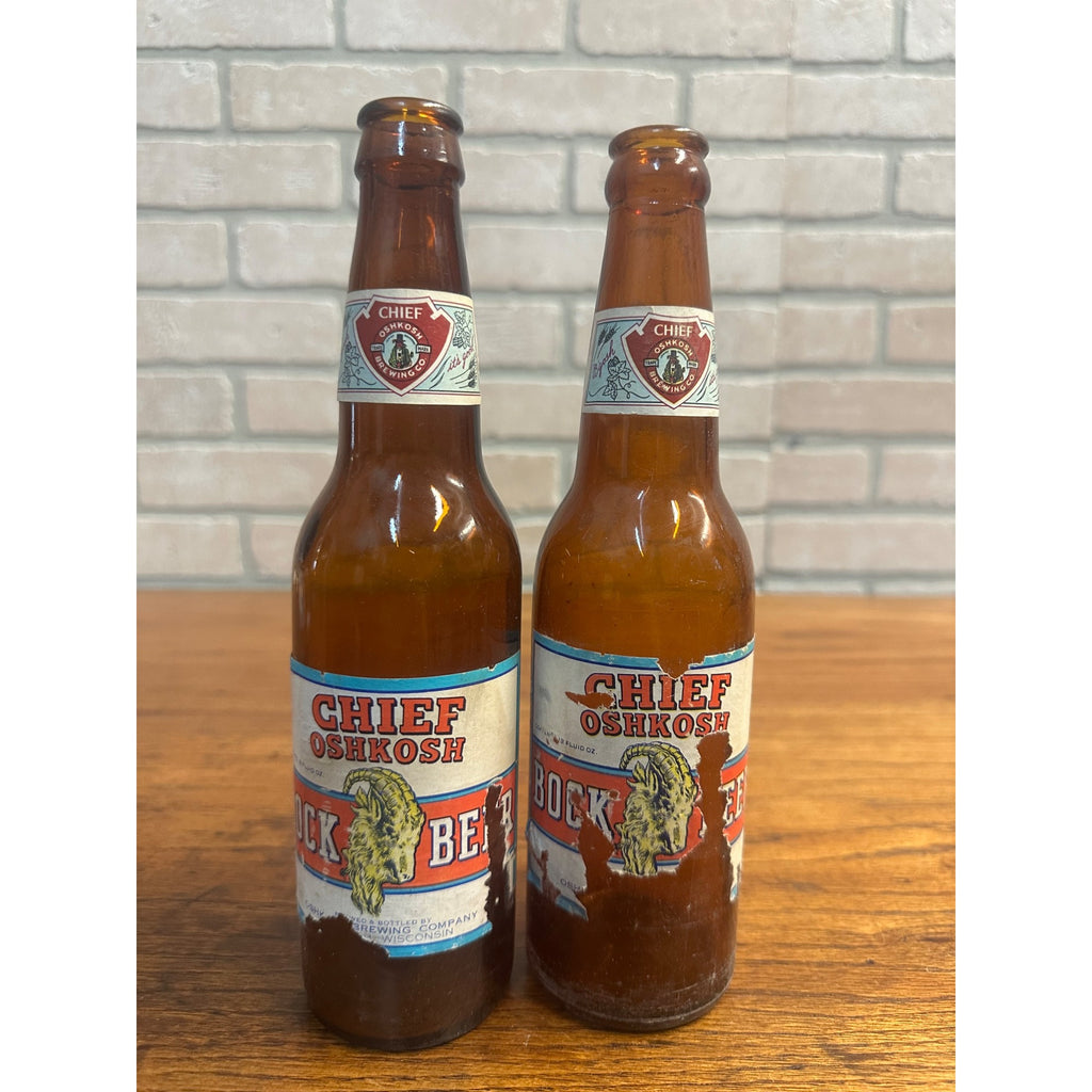 Vintage c1964 Chief Oshkosh Bock Beer Paper Label Bottles Lot (2) As-Is