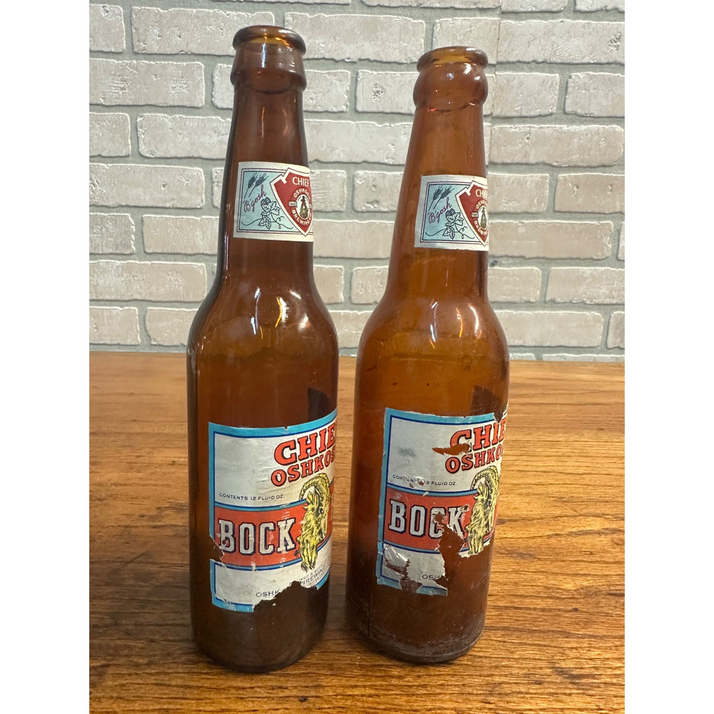 Vintage c1964 Chief Oshkosh Bock Beer Paper Label Bottles Lot (2) As-Is