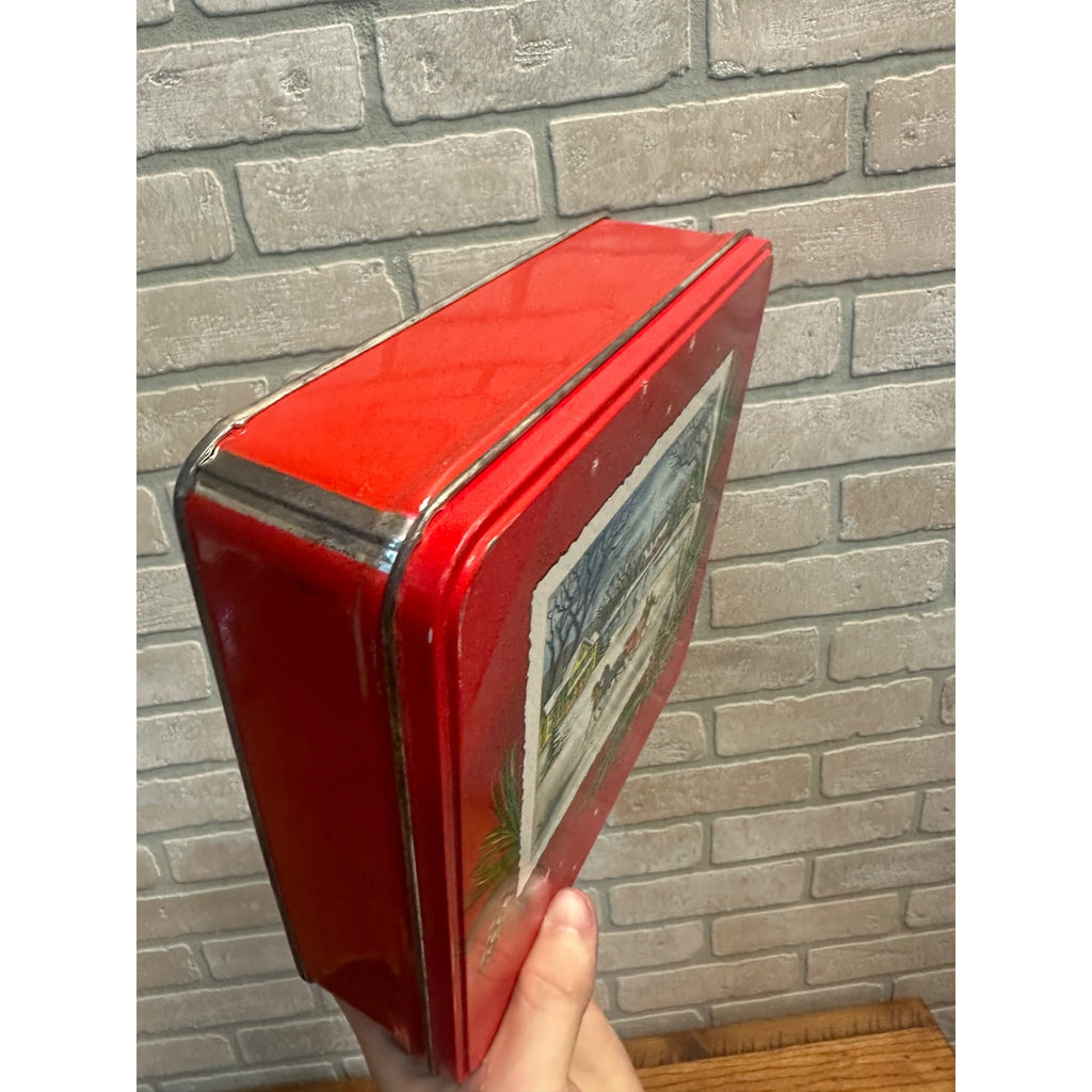Vintage 1960s Red Square Christmas Cookie Tin Winter Sleigh Scene