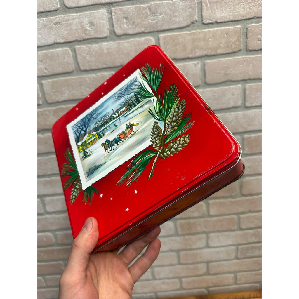 Vintage 1960s Red Square Christmas Cookie Tin Winter Sleigh Scene