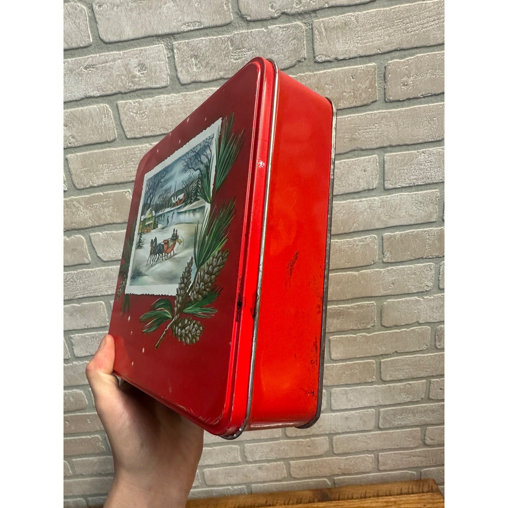 Vintage 1960s Red Square Christmas Cookie Tin Winter Sleigh Scene