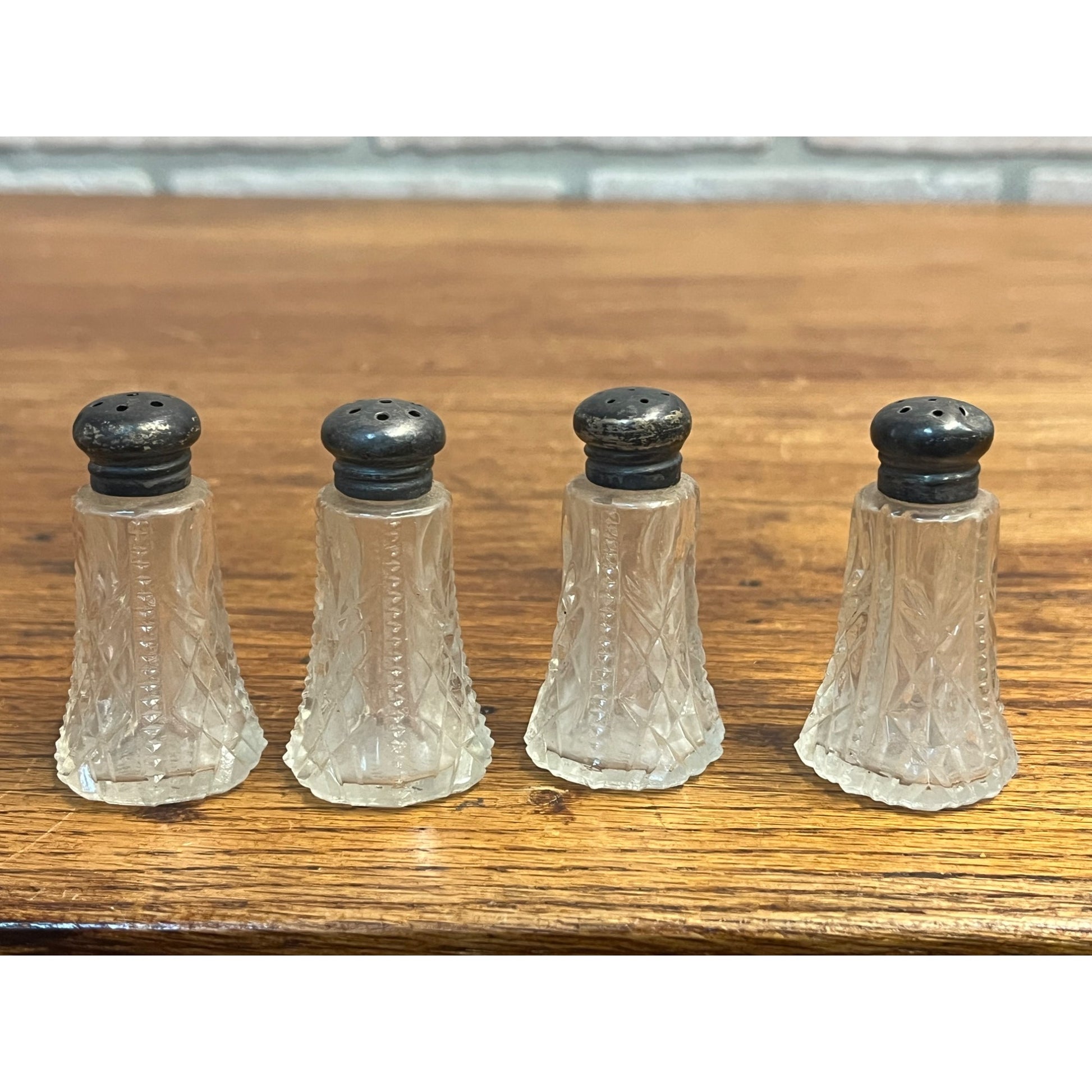 Victorian Press Glass Salt & Pepper Shaker Vintage Set (4) Silver Top PAT APPL'D