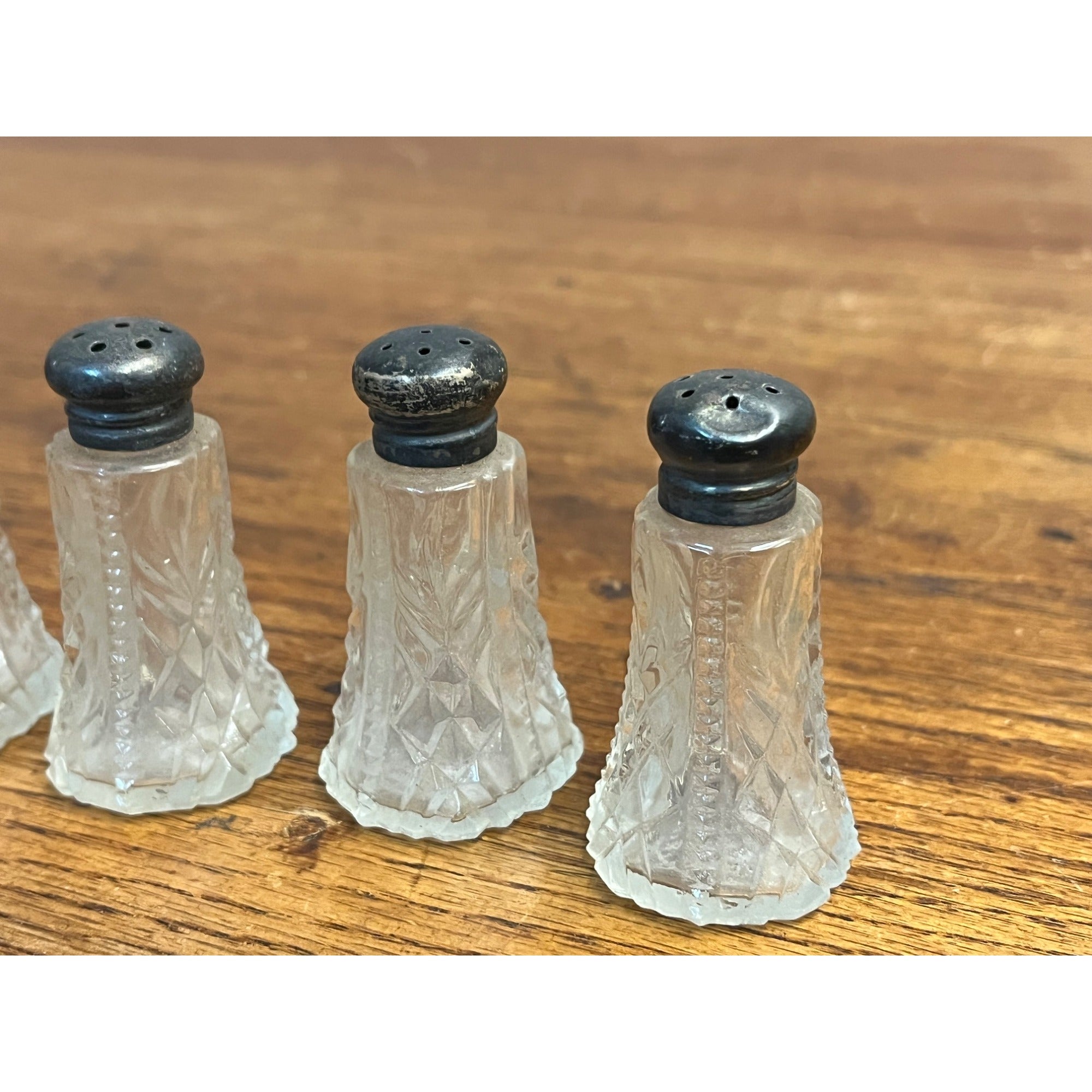 Victorian Press Glass Salt & Pepper Shaker Vintage Set (4) Silver Top PAT APPL'D