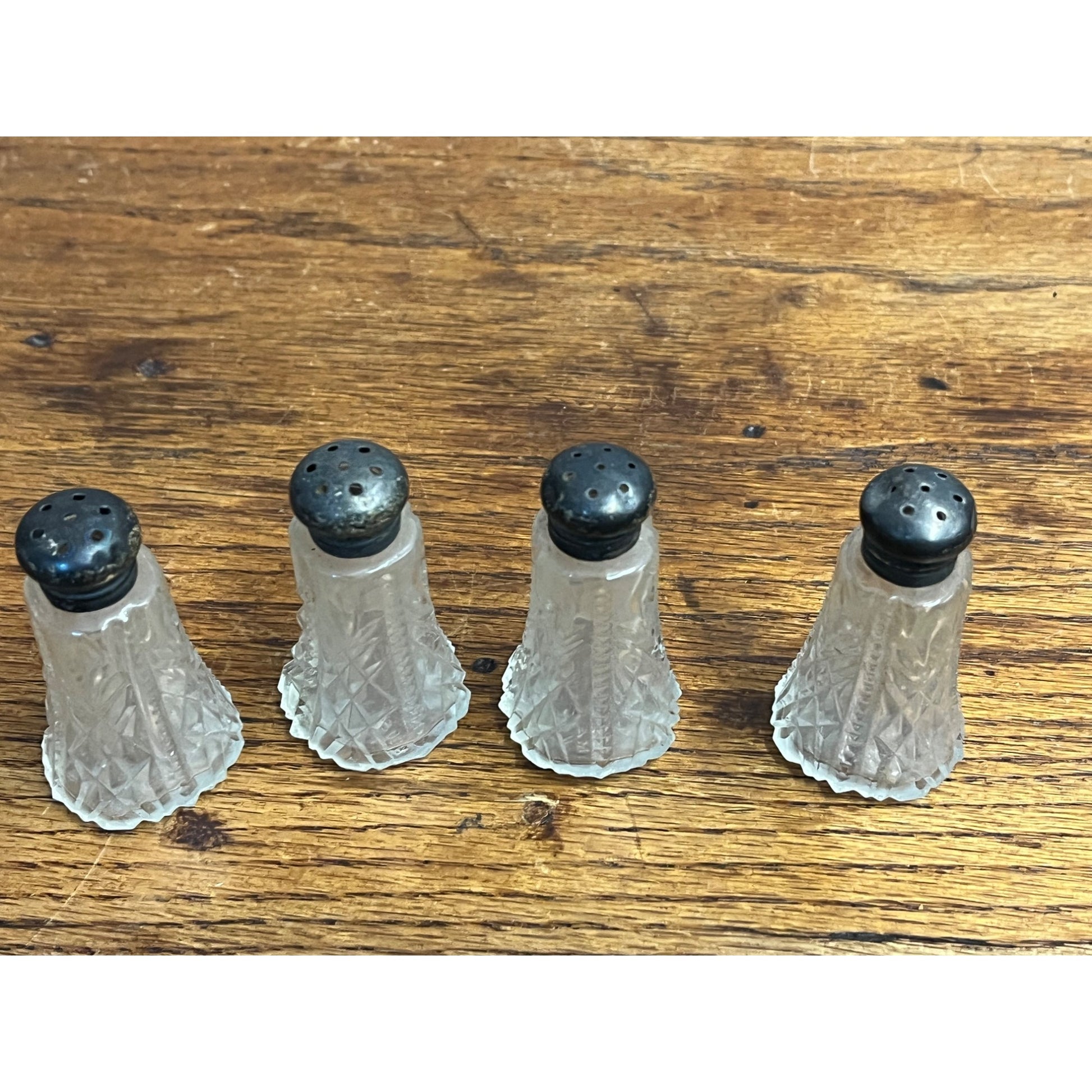Victorian Press Glass Salt & Pepper Shaker Vintage Set (4) Silver Top PAT APPL'D