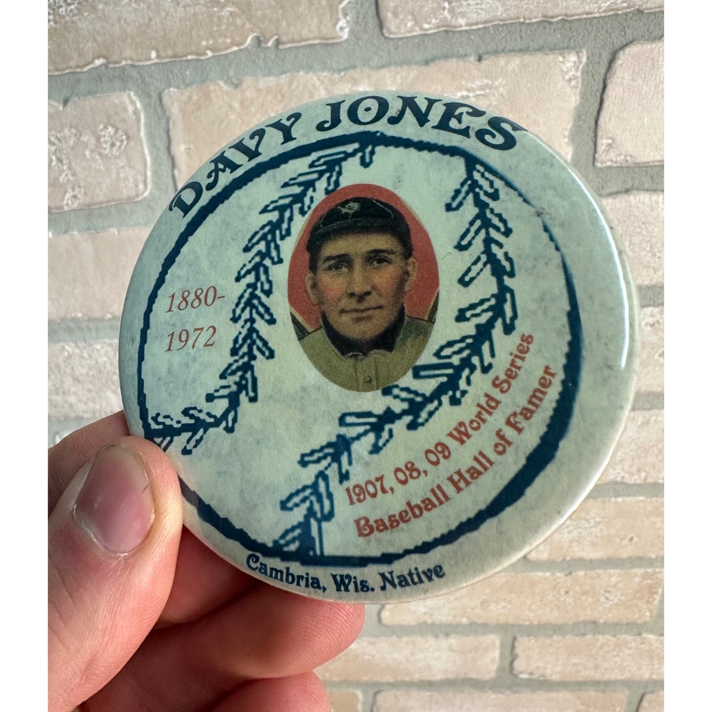 Vintage Davy Jones Baseball Hall of Fame Cambria Wis 3" Pin Button Tigers 1880-1972