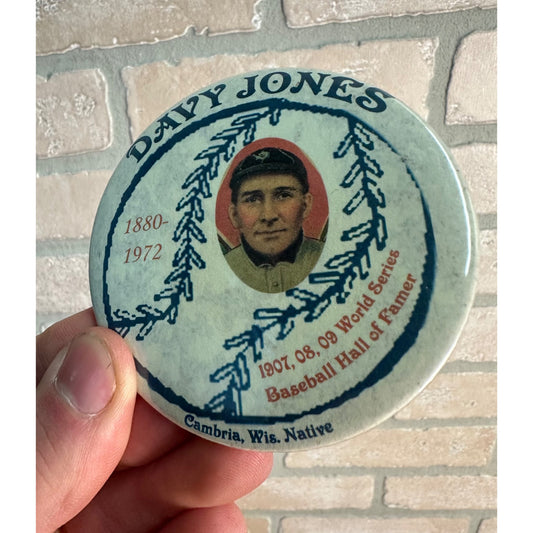 Vintage Davy Jones Baseball Hall of Fame Cambria Wis 3" Pin Button Tigers 1880-1972