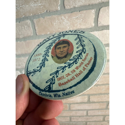 Vintage Davy Jones Baseball Hall of Fame Cambria Wis 3" Pin Button Tigers 1880-1972