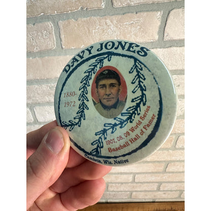 Vintage Davy Jones Baseball Hall of Fame Cambria Wis 3" Pin Button Tigers 1880-1972