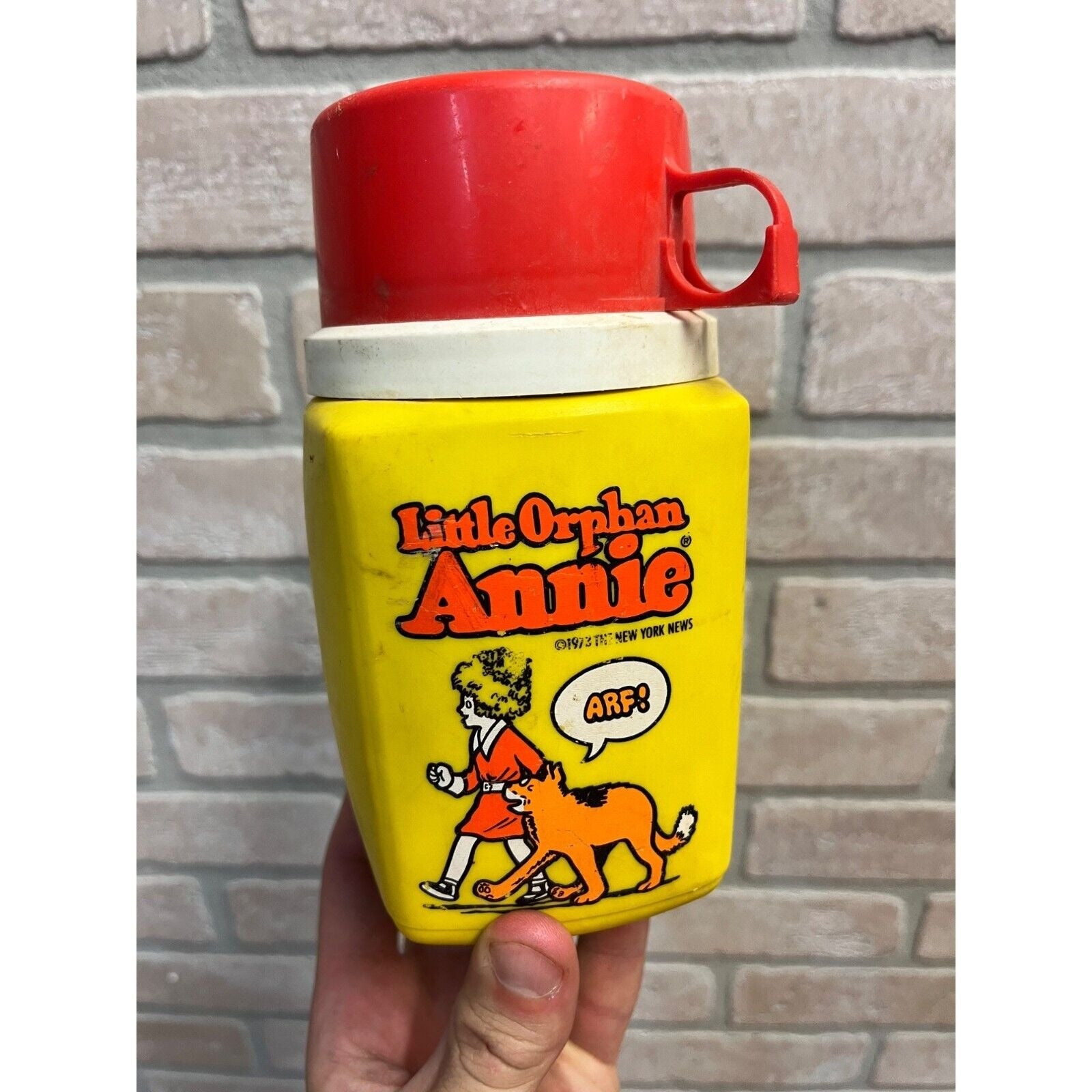 Vintage 1973 Little Orphan Annie Comic Red Yellow Plastic Thermos