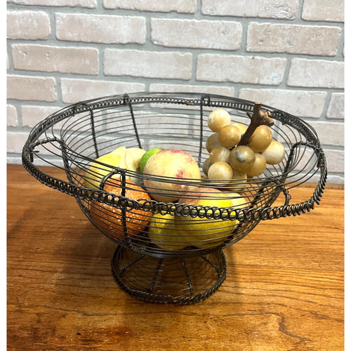 Vintage Primitive Country Kitchen Wire Basket w/ Stone Fruit Farmhouse Decor