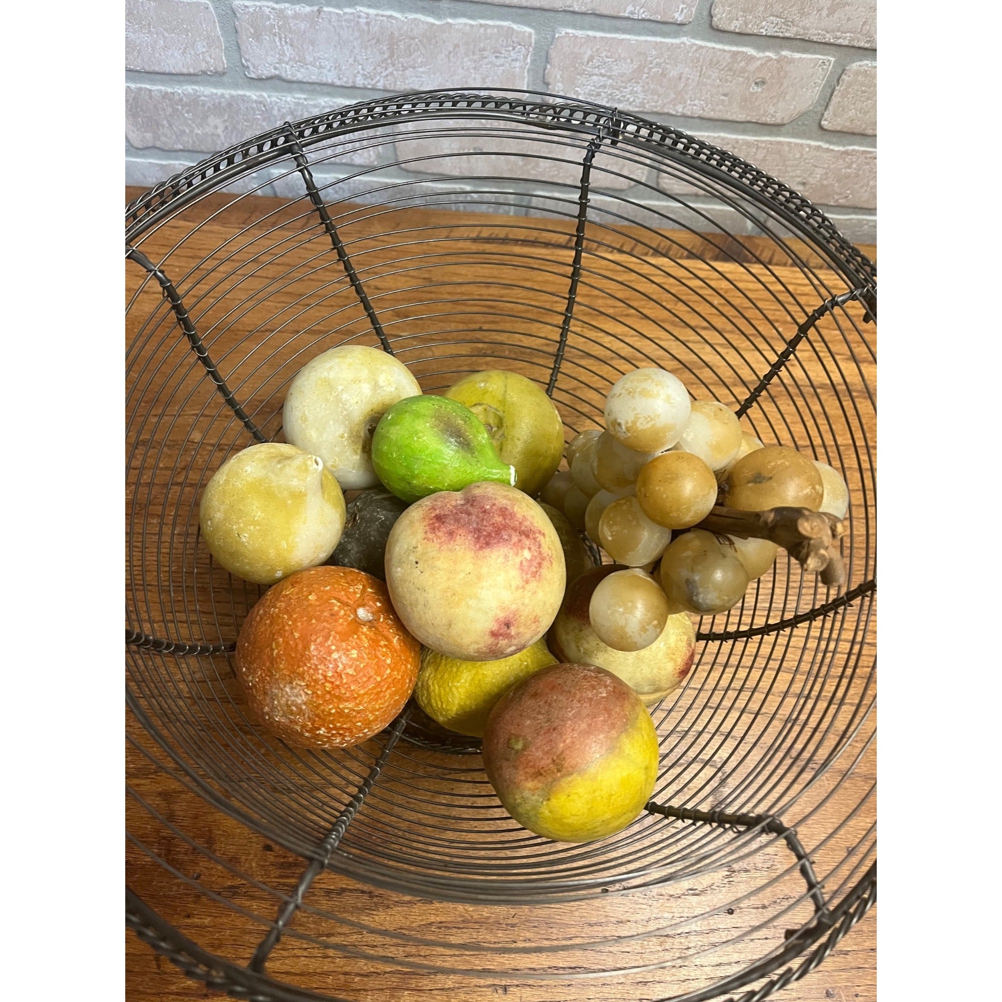 Vintage Primitive Country Kitchen Wire Basket w/ Stone Fruit Farmhouse Decor