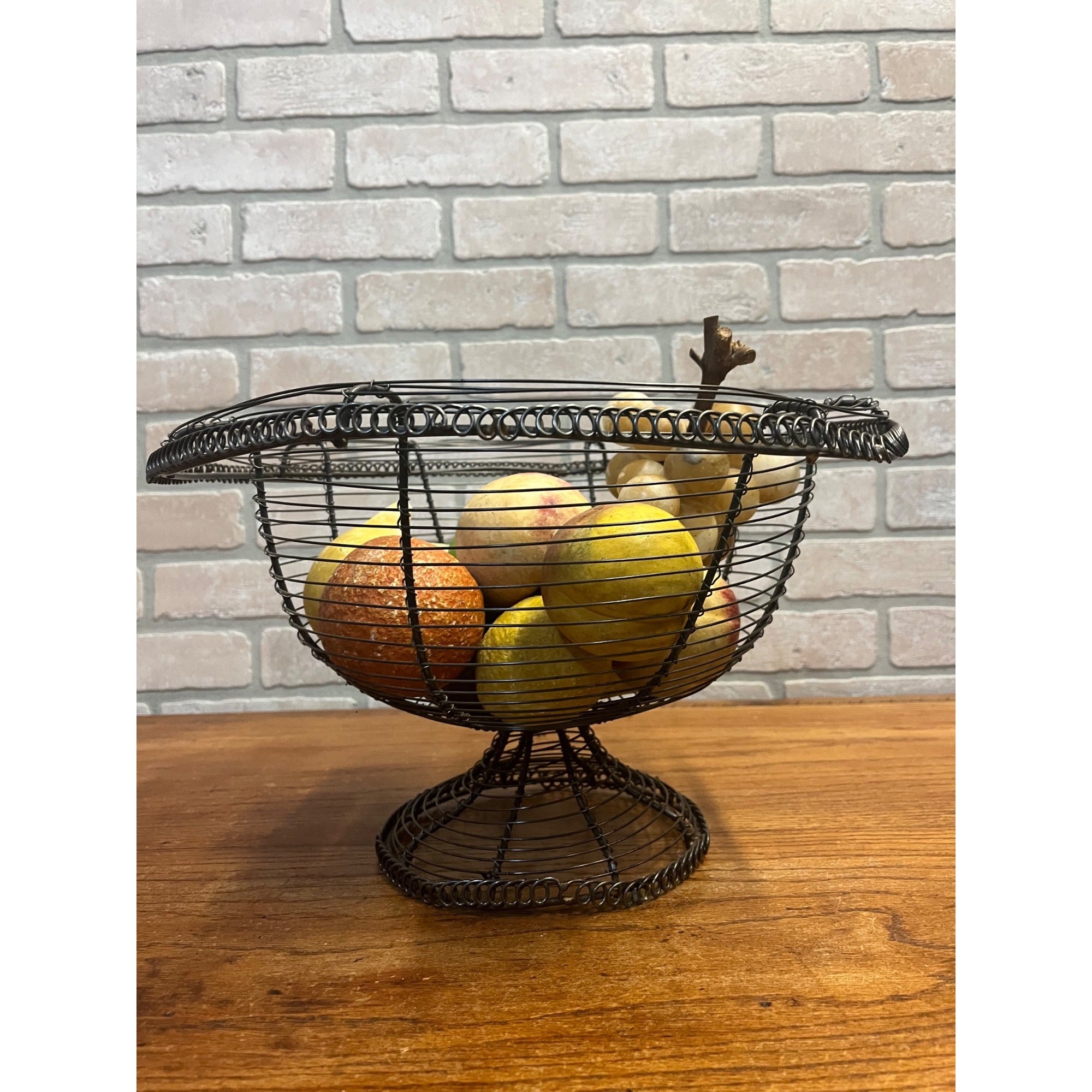 Vintage Primitive Country Kitchen Wire Basket w/ Stone Fruit Farmhouse Decor