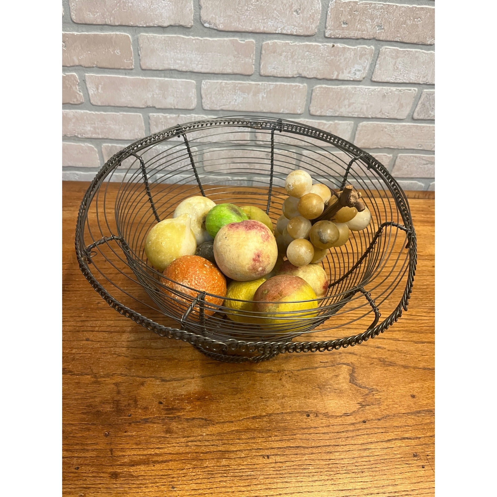 Vintage Primitive Country Kitchen Wire Basket w/ Stone Fruit Farmhouse Decor