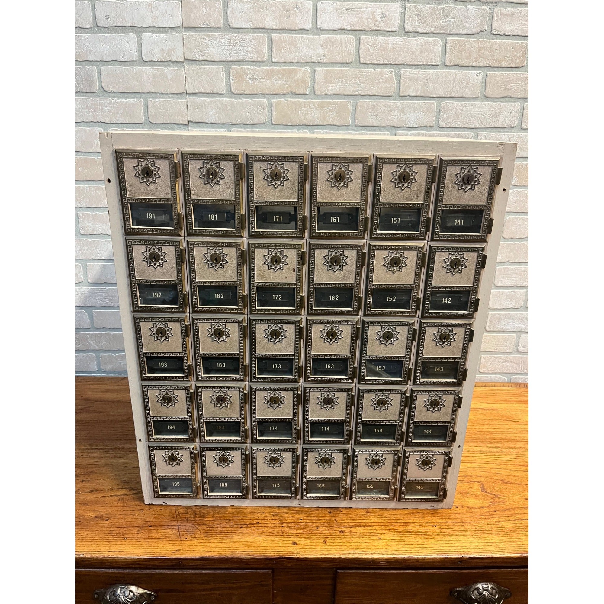 Vintage US Post Office Brass 30-Door Wood Cabinet Postal Unit w/ Keys Cubbies