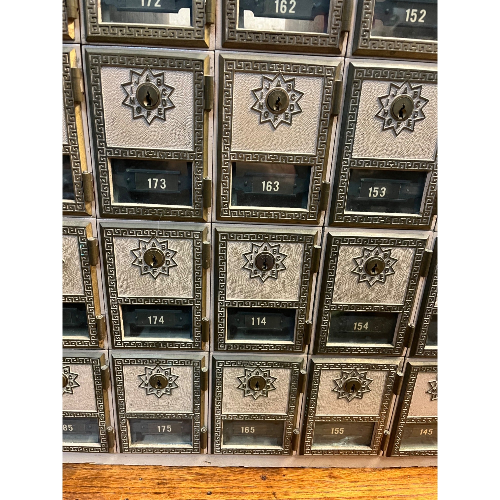 Vintage US Post Office Brass 30-Door Wood Cabinet Postal Unit w/ Keys Cubbies