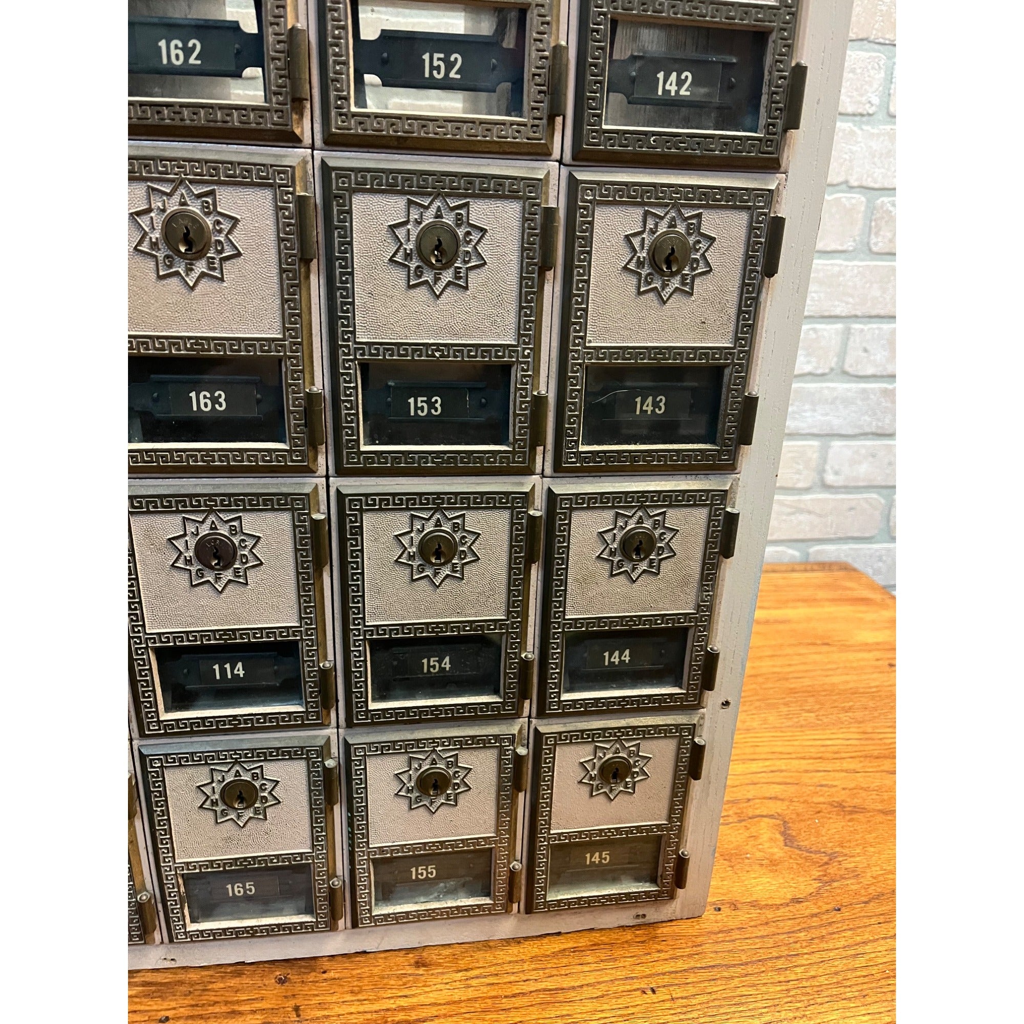 Vintage US Post Office Brass 30-Door Wood Cabinet Postal Unit w/ Keys Cubbies