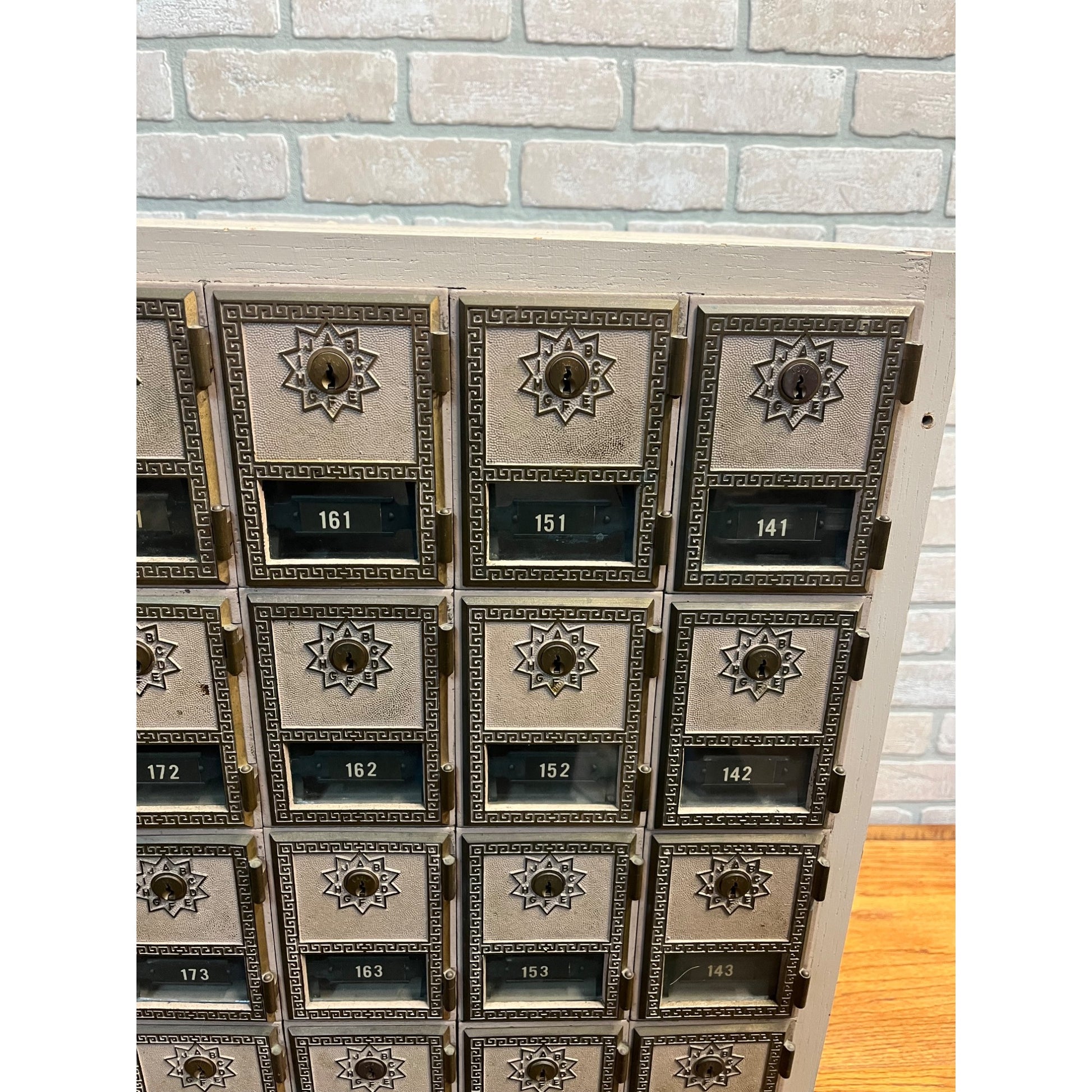 Vintage US Post Office Brass 30-Door Wood Cabinet Postal Unit w/ Keys Cubbies