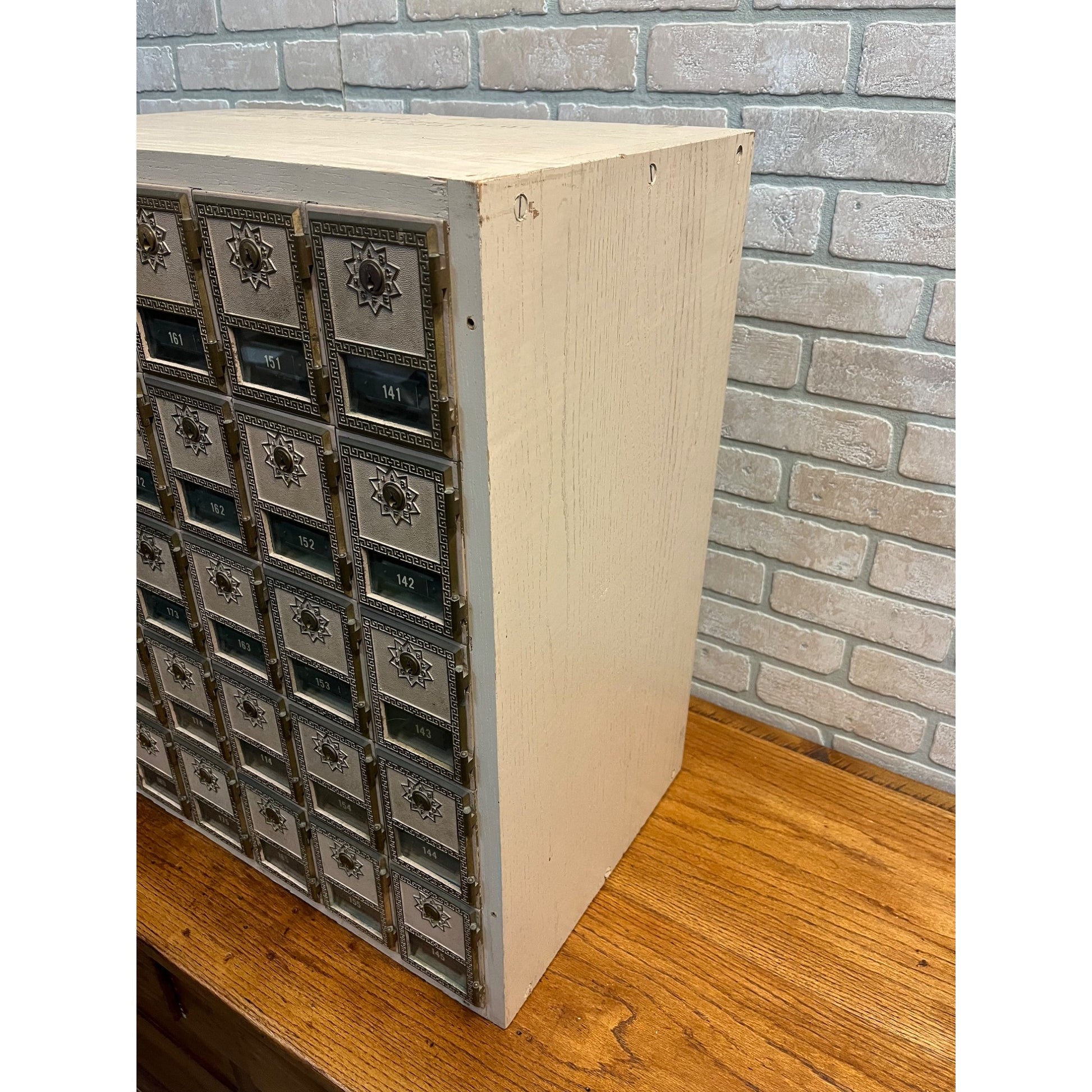 Vintage US Post Office Brass 30-Door Wood Cabinet Postal Unit w/ Keys Cubbies