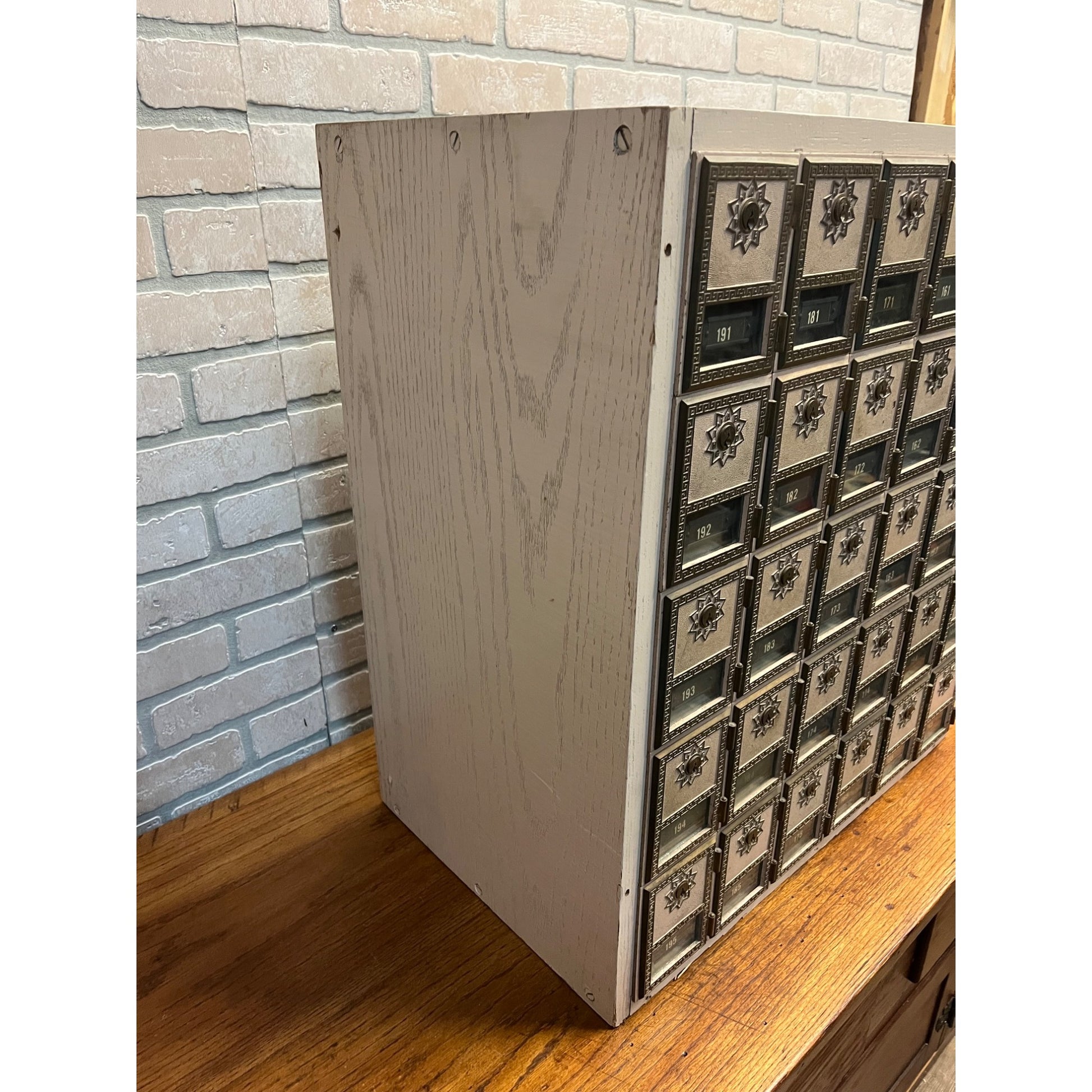 Vintage US Post Office Brass 30-Door Wood Cabinet Postal Unit w/ Keys Cubbies