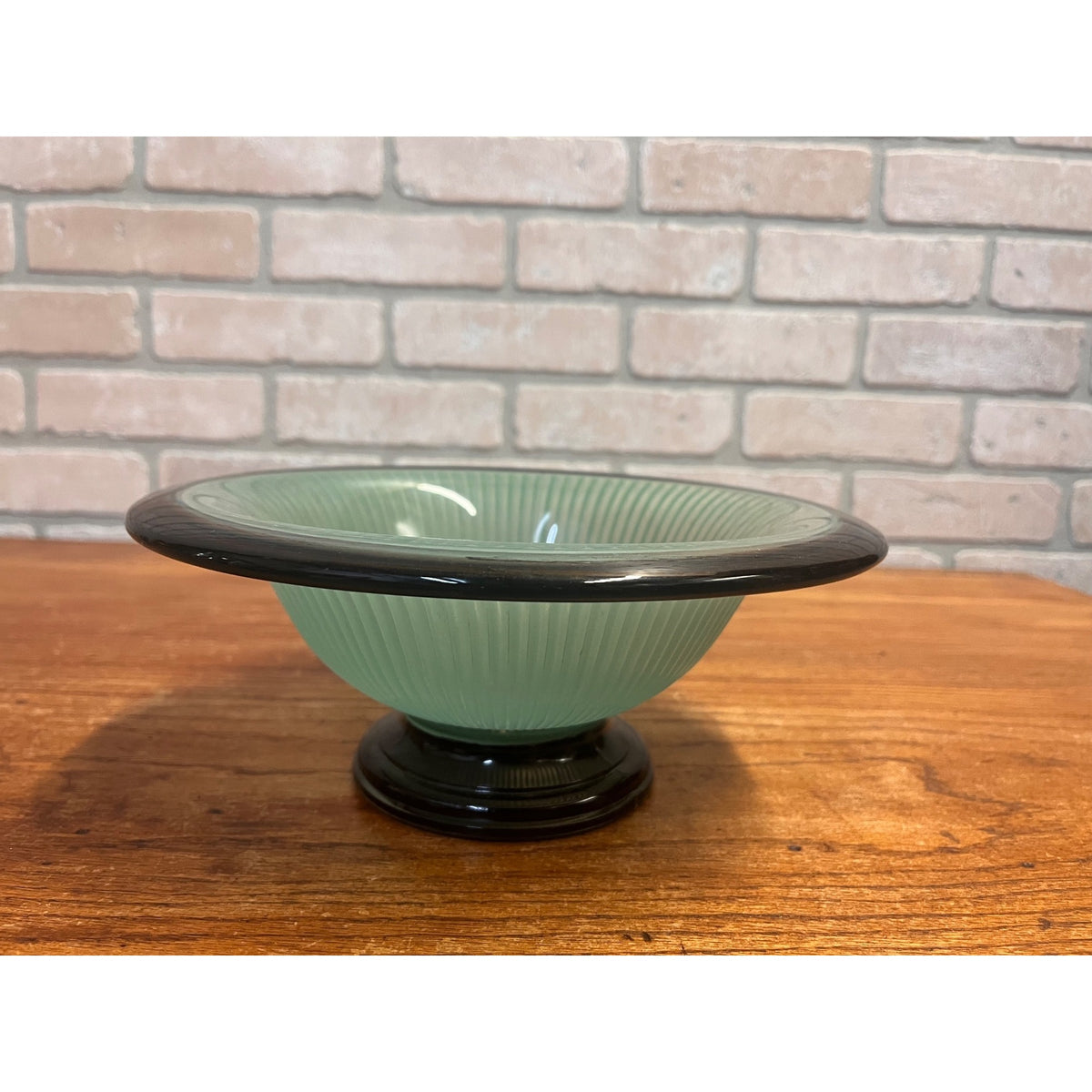 Vintage c1930s Art Deco Footed Ribbed Light Green & Black Ribbed Glass Bowl