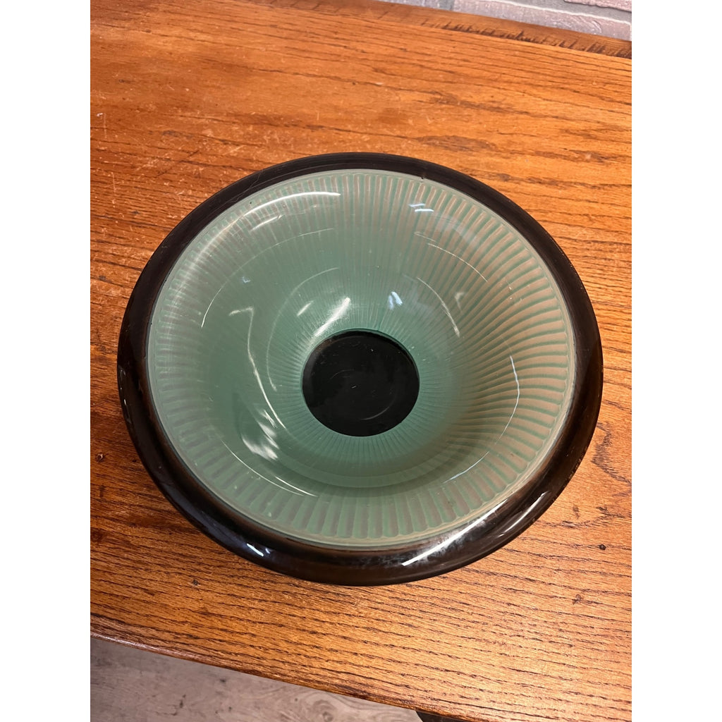 Vintage c1930s Art Deco Footed Ribbed Light Green & Black Ribbed Glass Bowl
