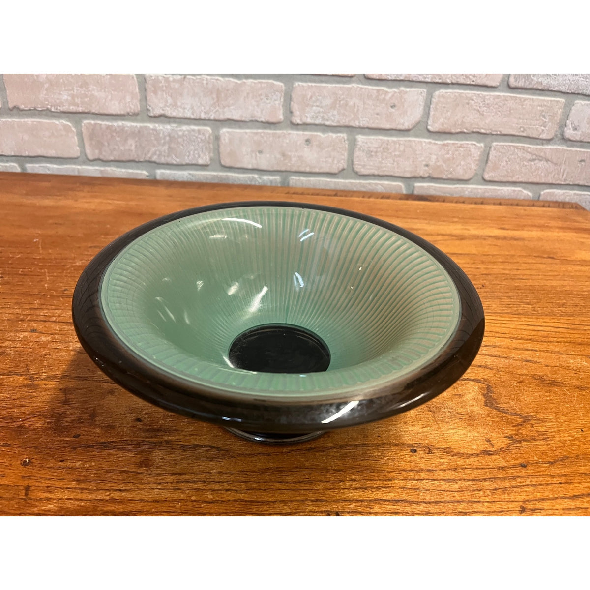 Vintage c1930s Art Deco Footed Ribbed Light Green & Black Ribbed Glass Bowl