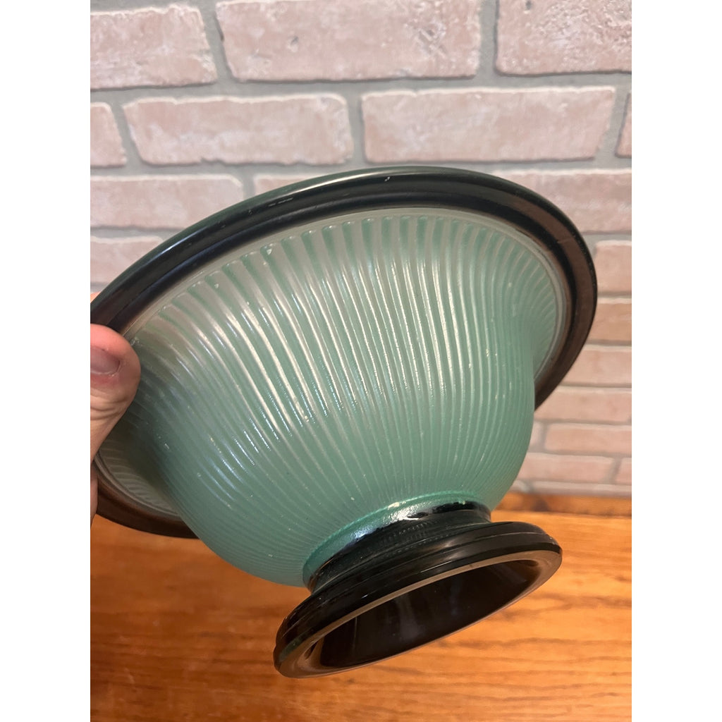 Vintage c1930s Art Deco Footed Ribbed Light Green & Black Ribbed Glass Bowl