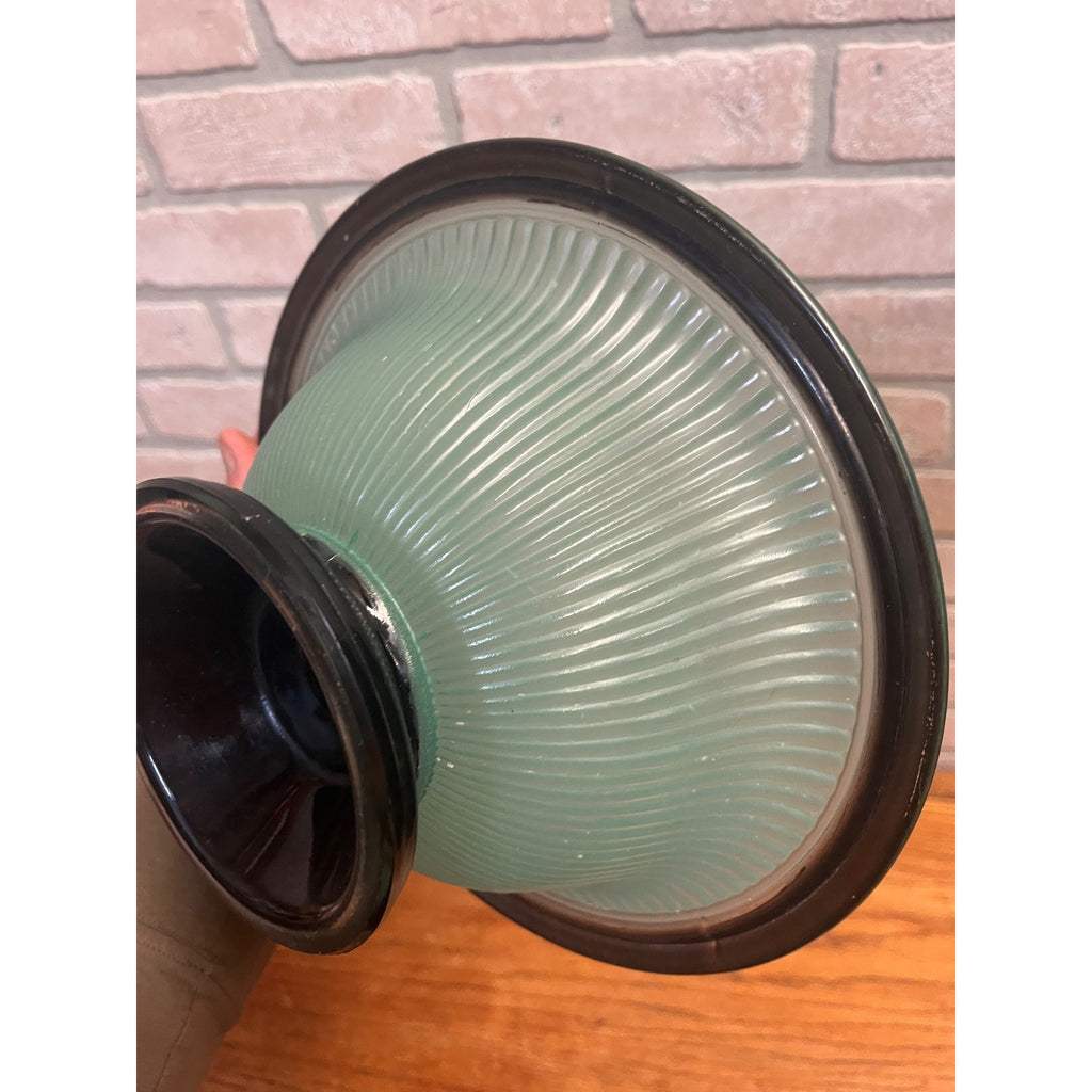 Vintage c1930s Art Deco Footed Ribbed Light Green & Black Ribbed Glass Bowl