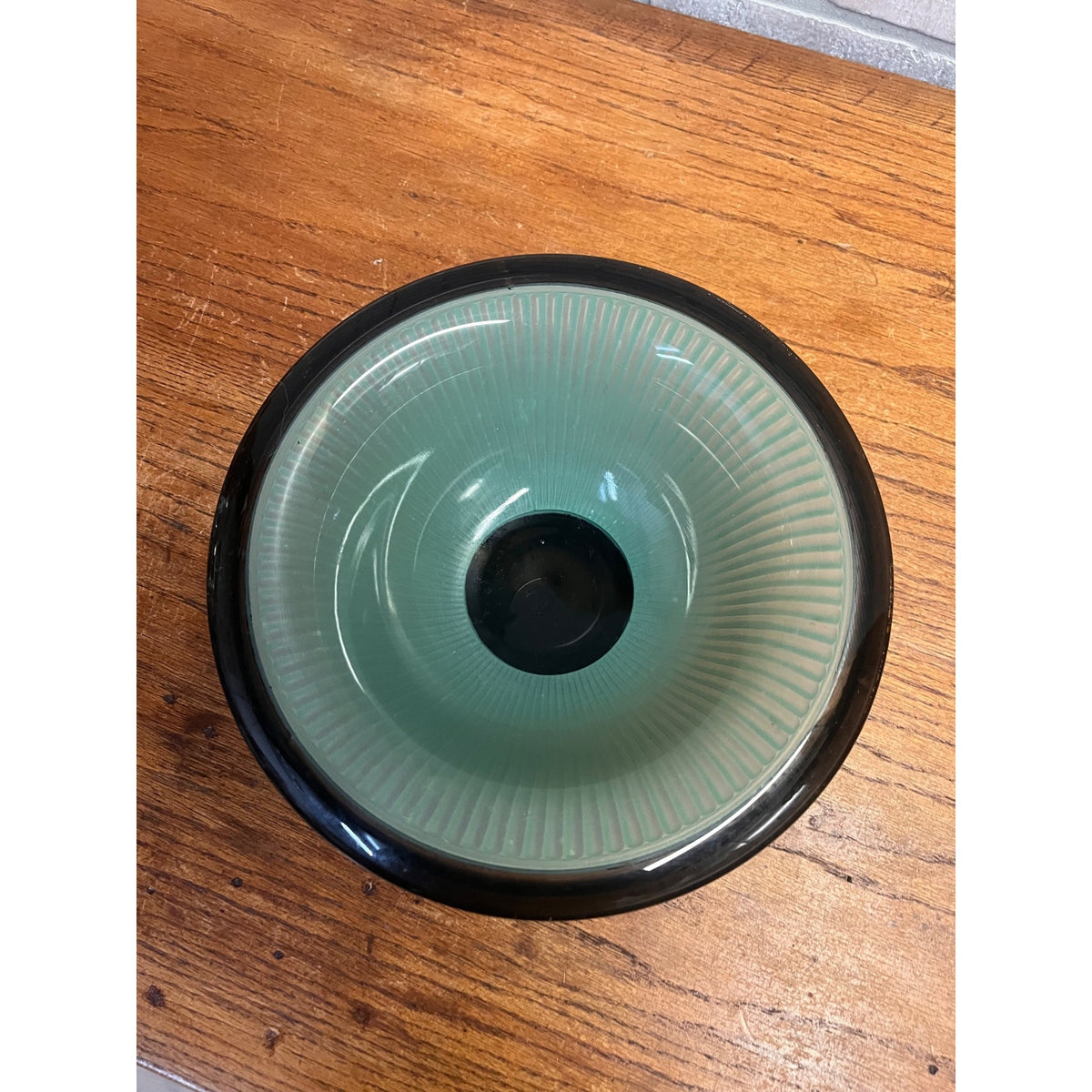 Vintage c1930s Art Deco Footed Ribbed Light Green & Black Ribbed Glass Bowl