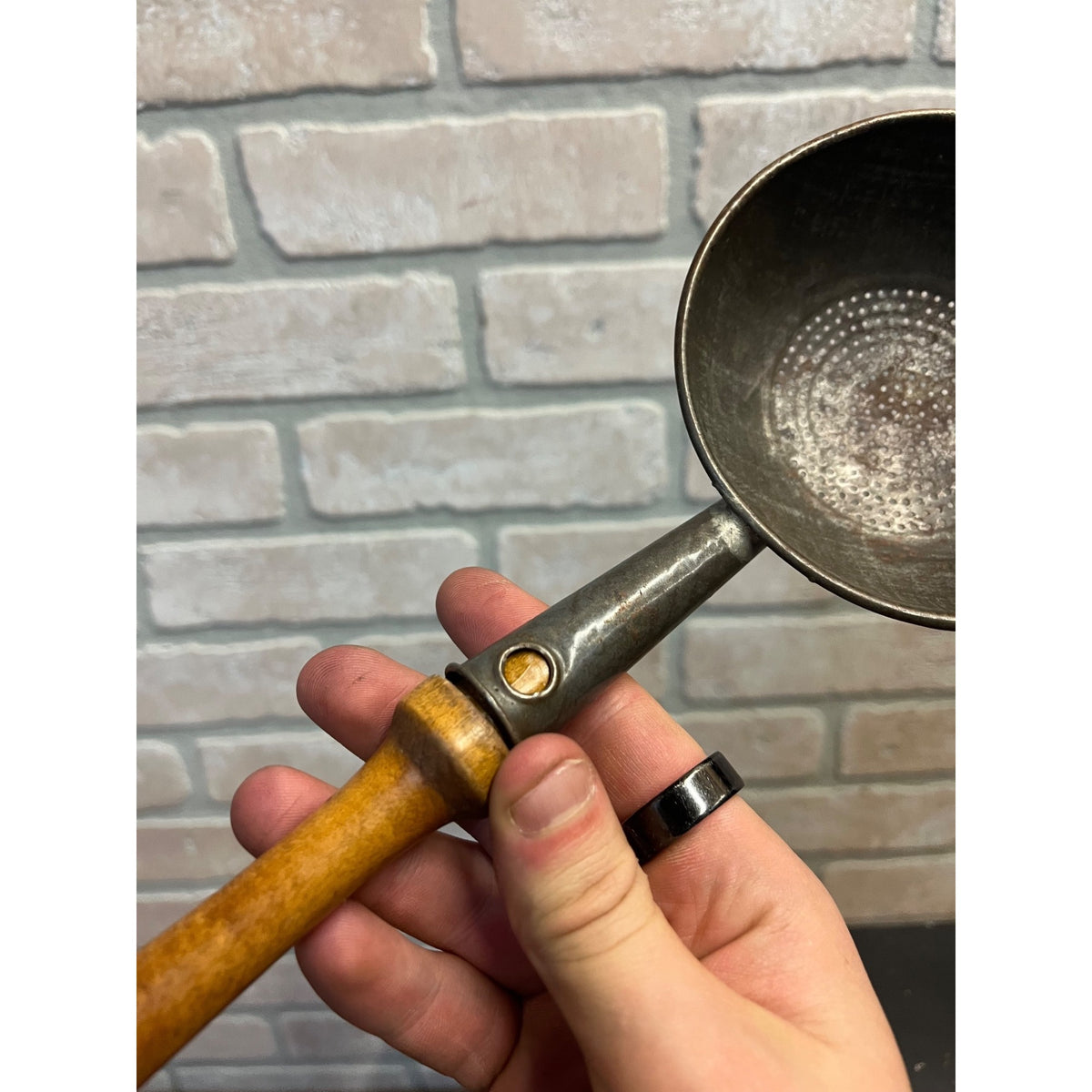 Vintage Galvanized Tin Strainer Ladle With Wooden Handle Primitive Kitchen Decor