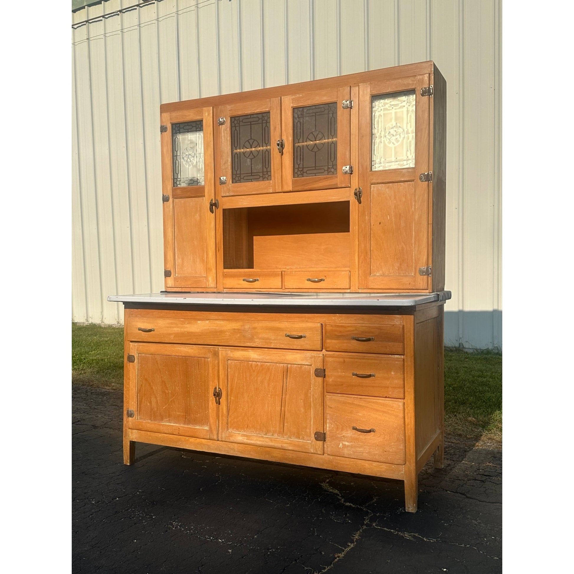 Antique Hoosier Kitchen Cabinet w/ Etched Glass Farmhouse Vintage