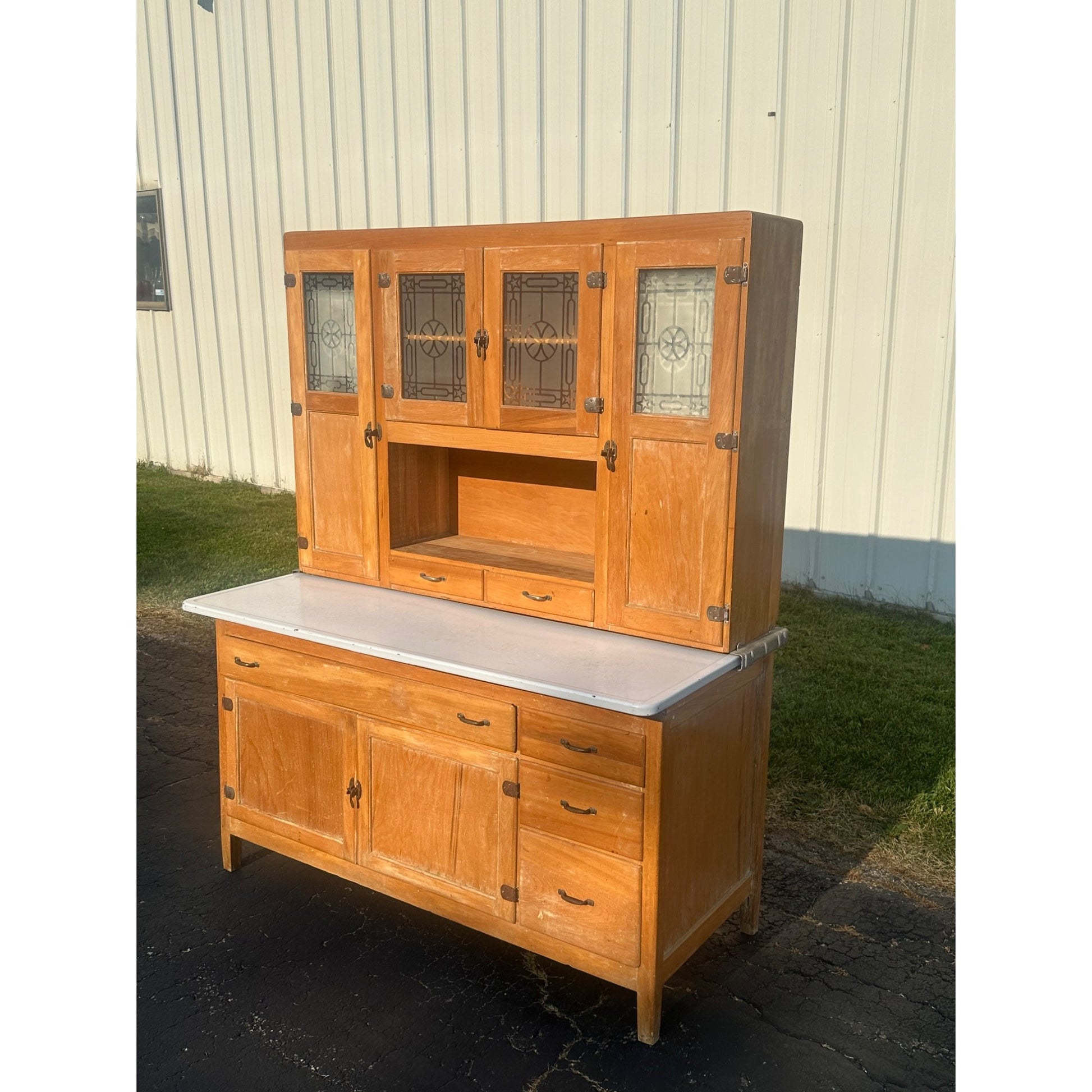 Antique Hoosier Kitchen Cabinet w/ Etched Glass Farmhouse Vintage