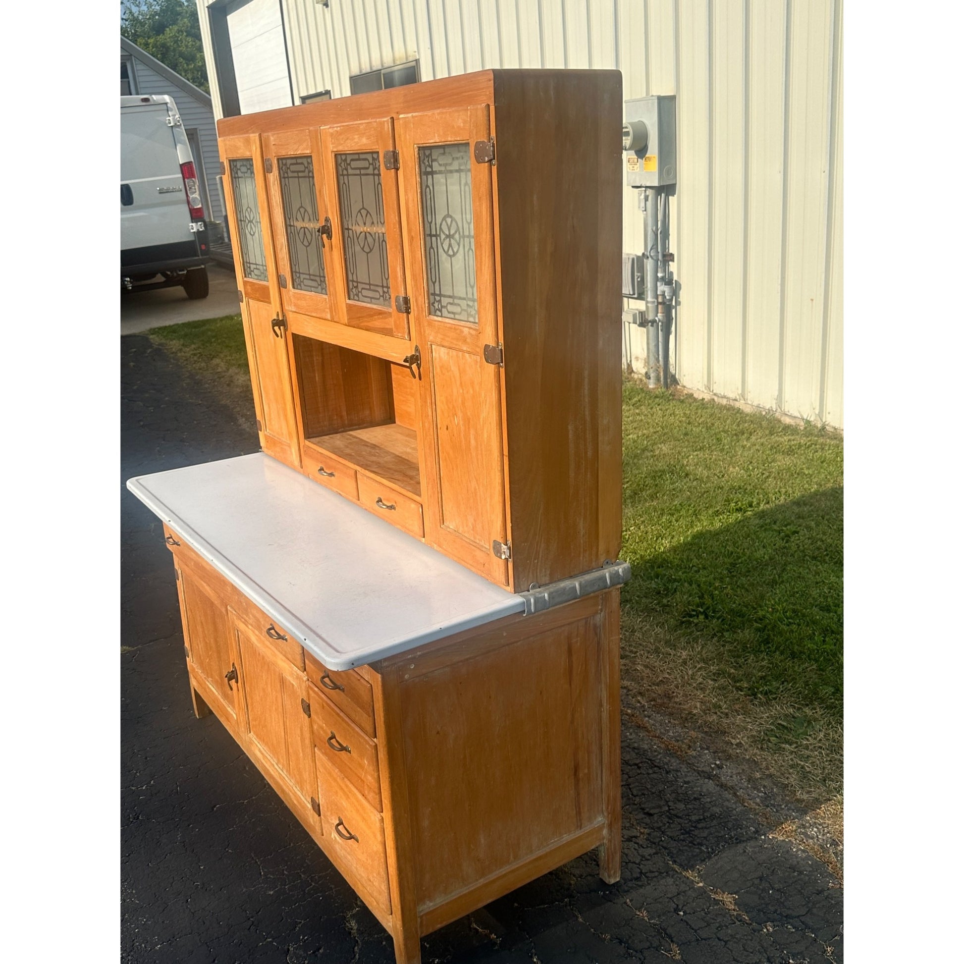 Antique Hoosier Kitchen Cabinet w/ Etched Glass Farmhouse Vintage