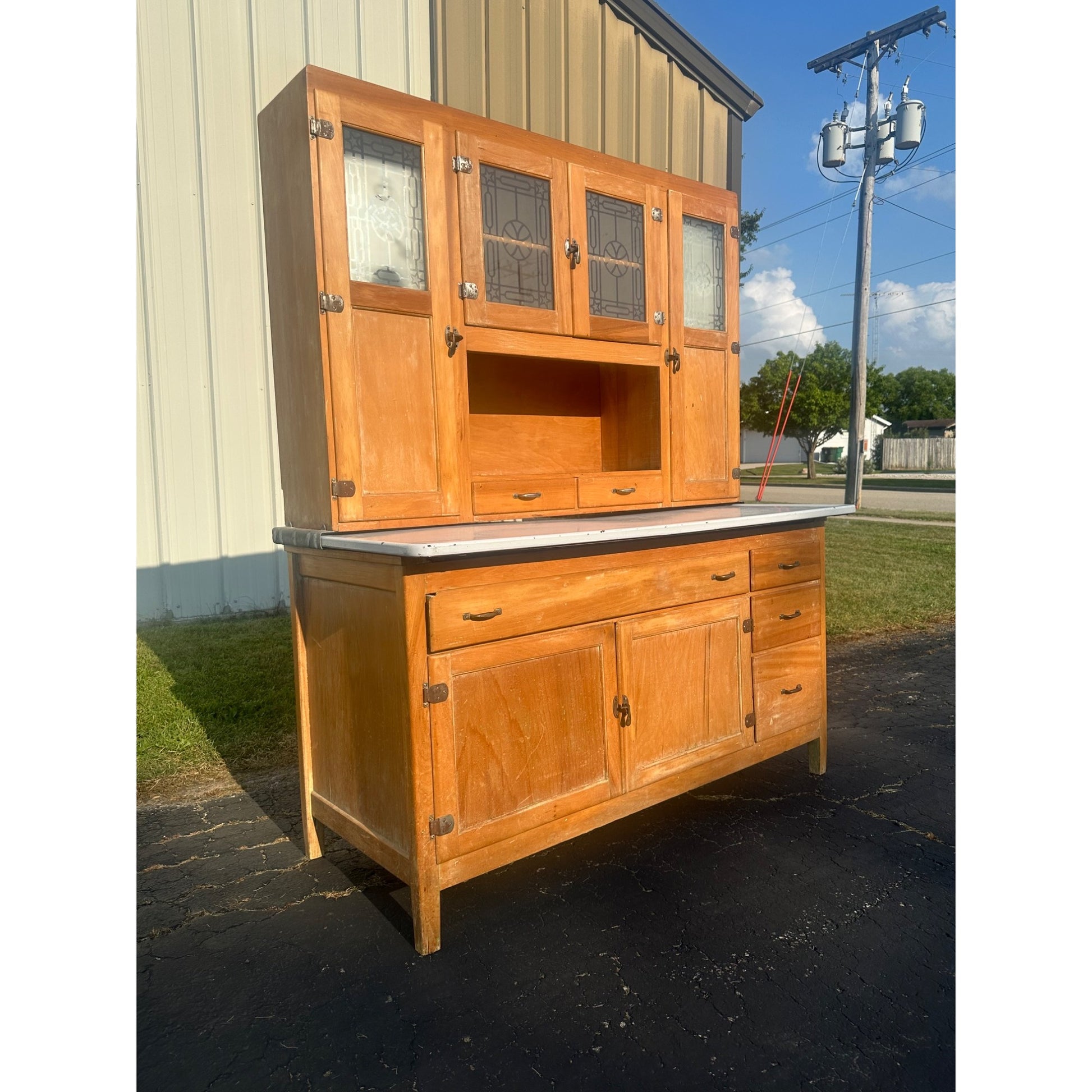 Antique Hoosier Kitchen Cabinet w/ Etched Glass Farmhouse Vintage