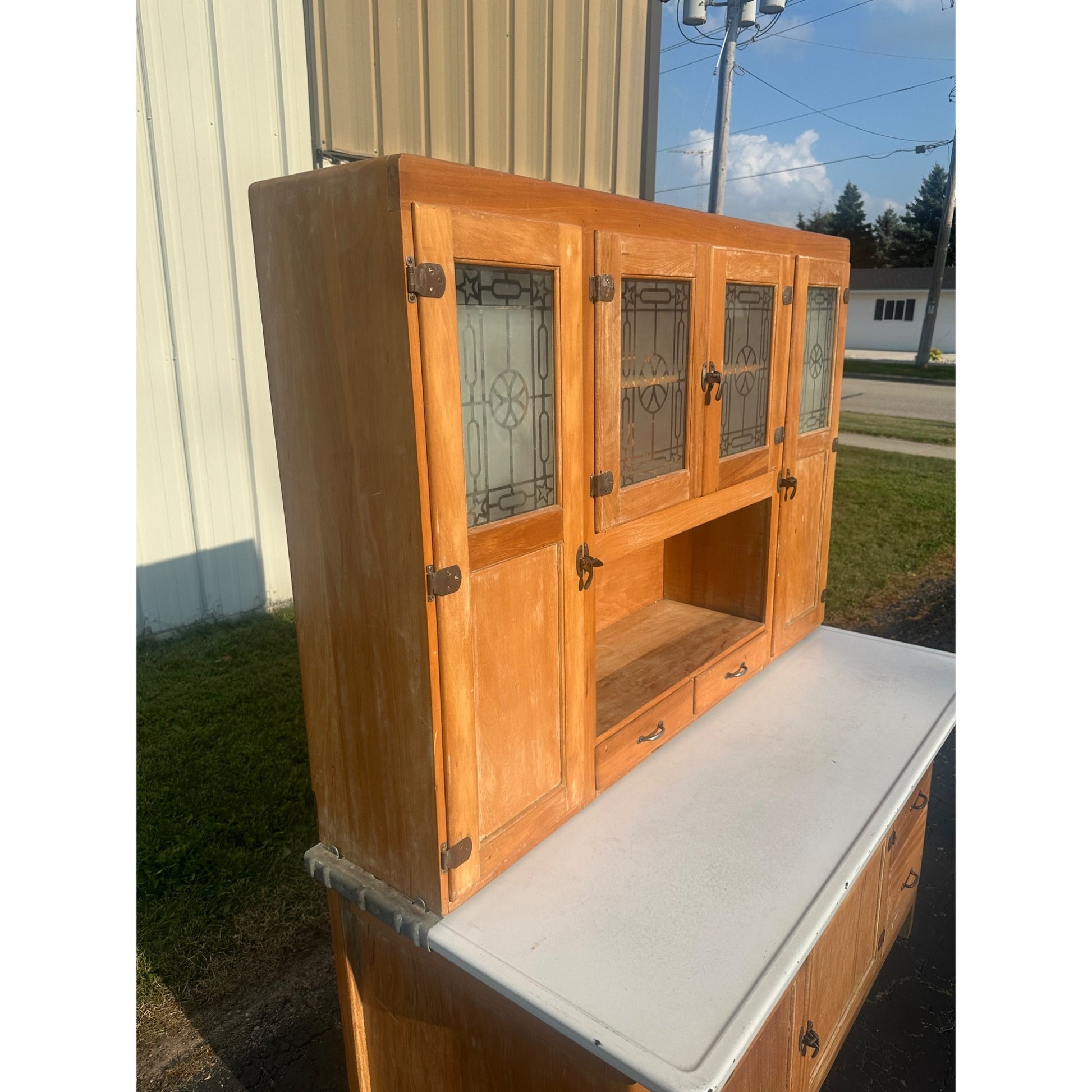 Antique Hoosier Kitchen Cabinet w/ Etched Glass Farmhouse Vintage