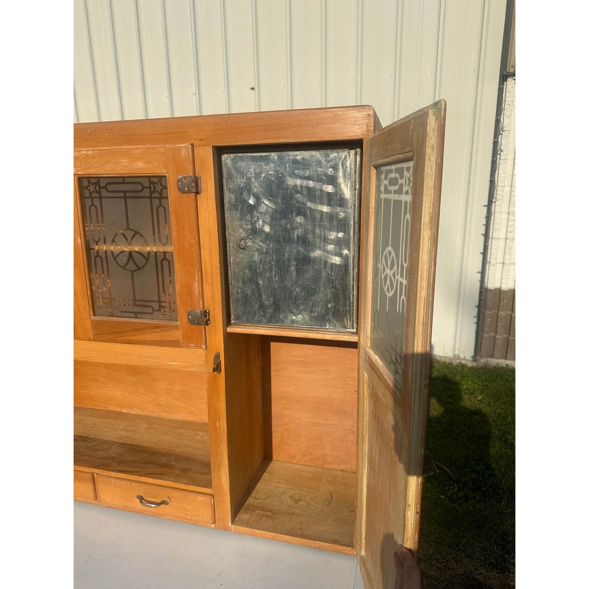 Antique Hoosier Kitchen Cabinet w/ Etched Glass Farmhouse Vintage
