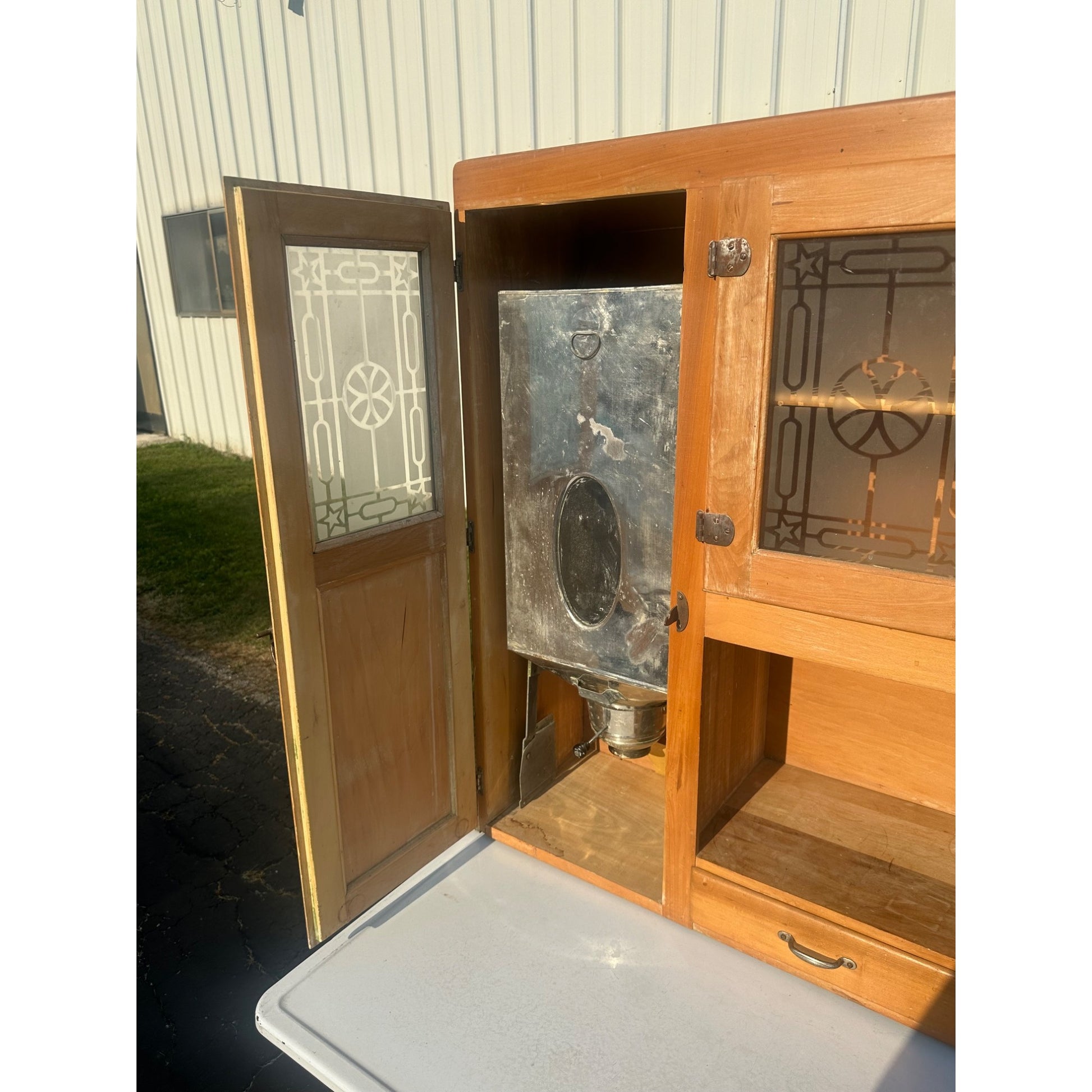 Antique Hoosier Kitchen Cabinet w/ Etched Glass Farmhouse Vintage