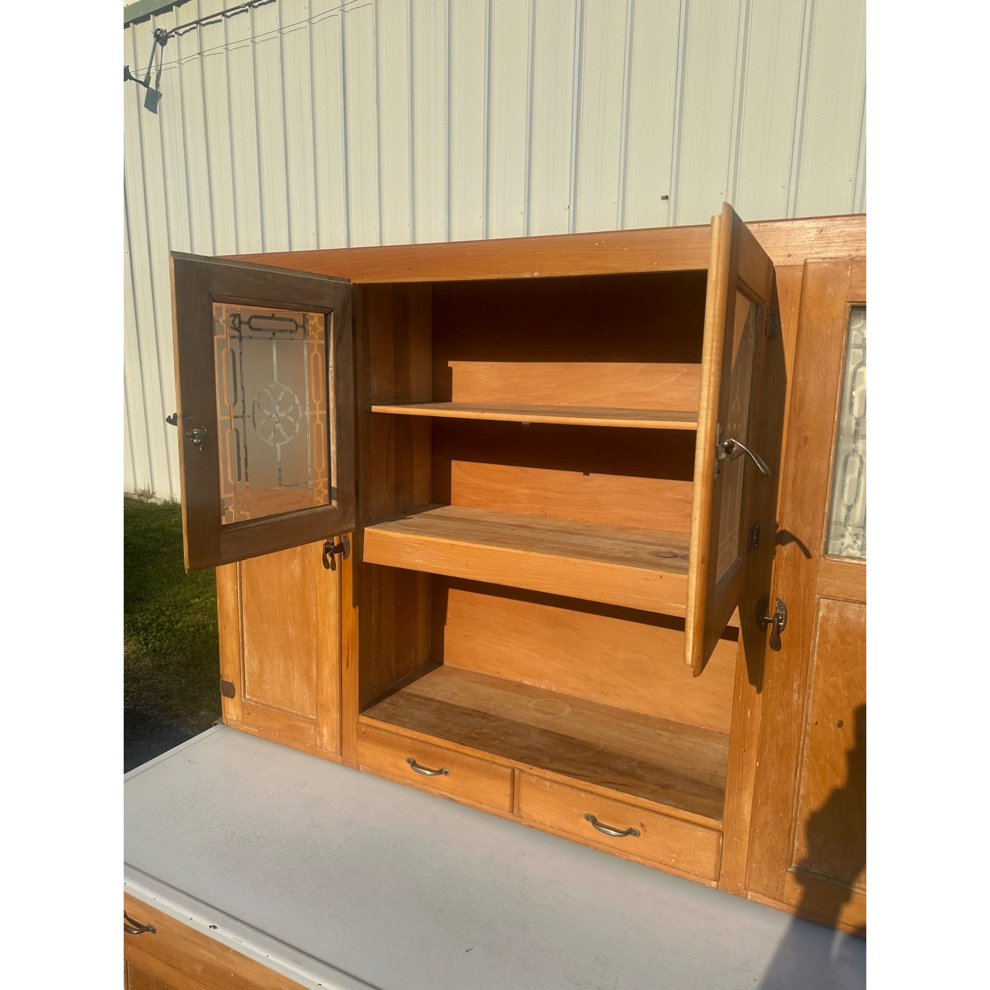 Antique Hoosier Kitchen Cabinet w/ Etched Glass Farmhouse Vintage