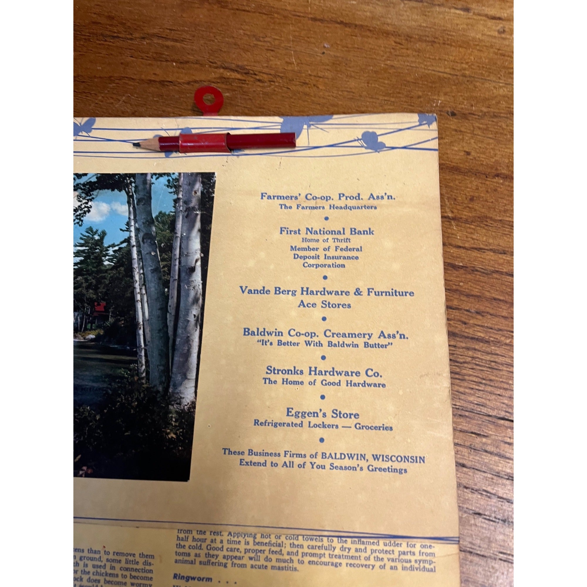 Vintage 1960 Baldwin Wisconsin Advertising Calendar Sign Grocery Co-Op