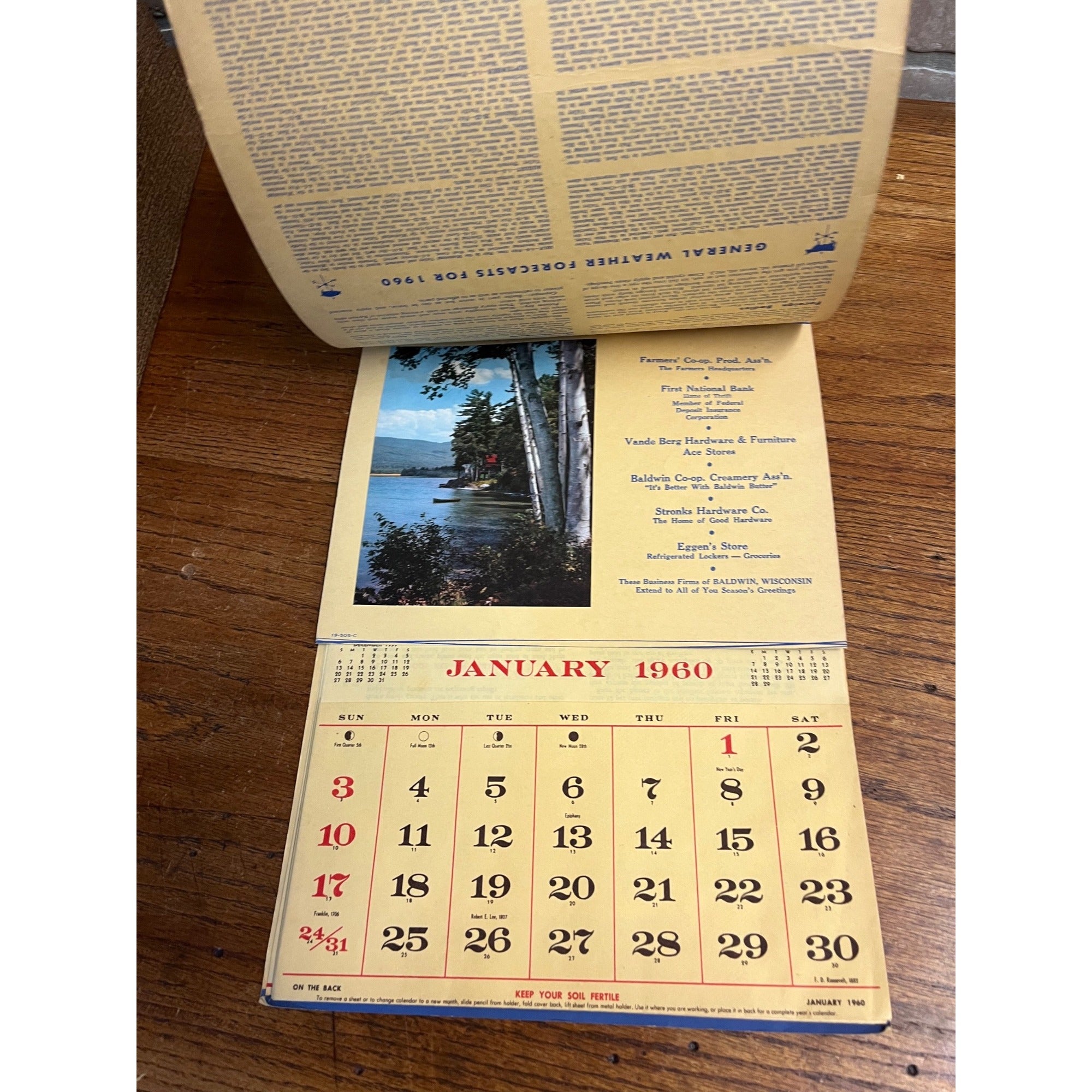 Vintage 1960 Baldwin Wisconsin Advertising Calendar Sign Grocery Co-Op