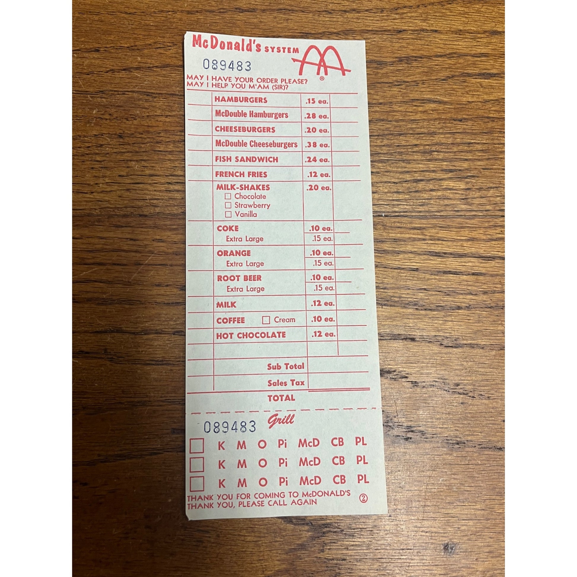 RARE Vintage 1960s McDonalds System Food Order Paper Receipt Slash M Logo