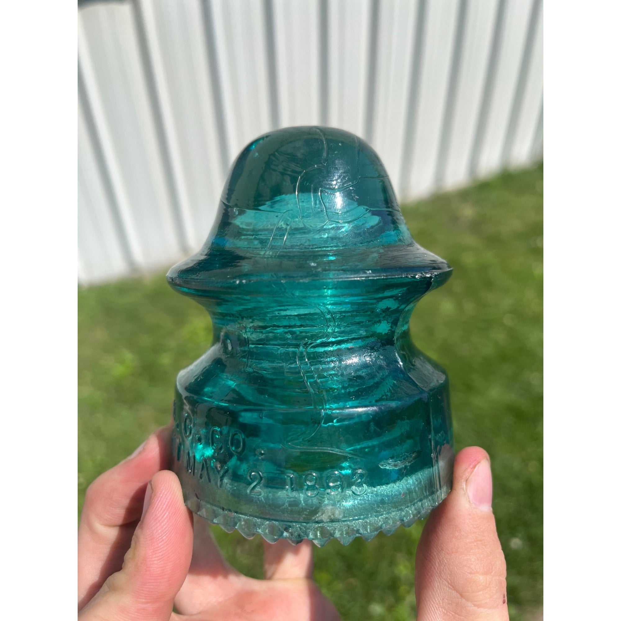 Antique Petticoat H.G. Co. Aqua Blue Green Glass Telephone Insulator Pat. 1893