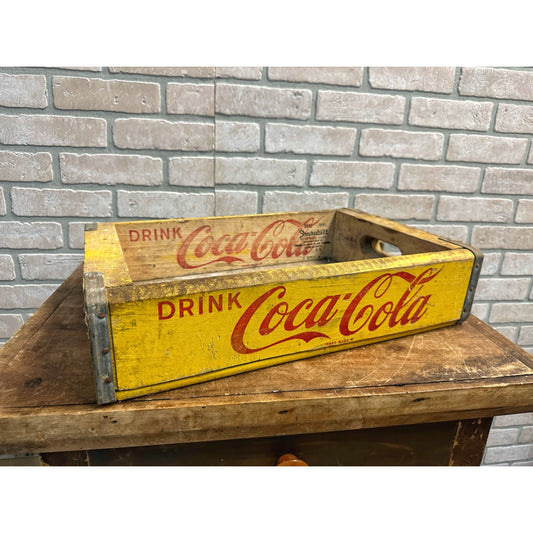 Vintage Drink Coca Cola Wooden Soda Pop Bottle Carrier Crate Yellow Heavy Duty