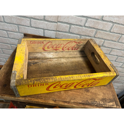 Vintage Drink Coca Cola Wooden Soda Pop Bottle Carrier Crate Yellow Heavy Duty