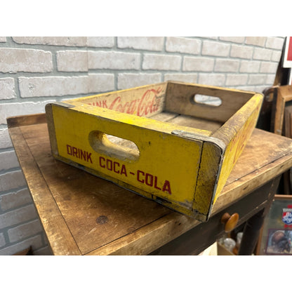 Vintage Drink Coca Cola Wooden Soda Pop Bottle Carrier Crate Yellow Heavy Duty