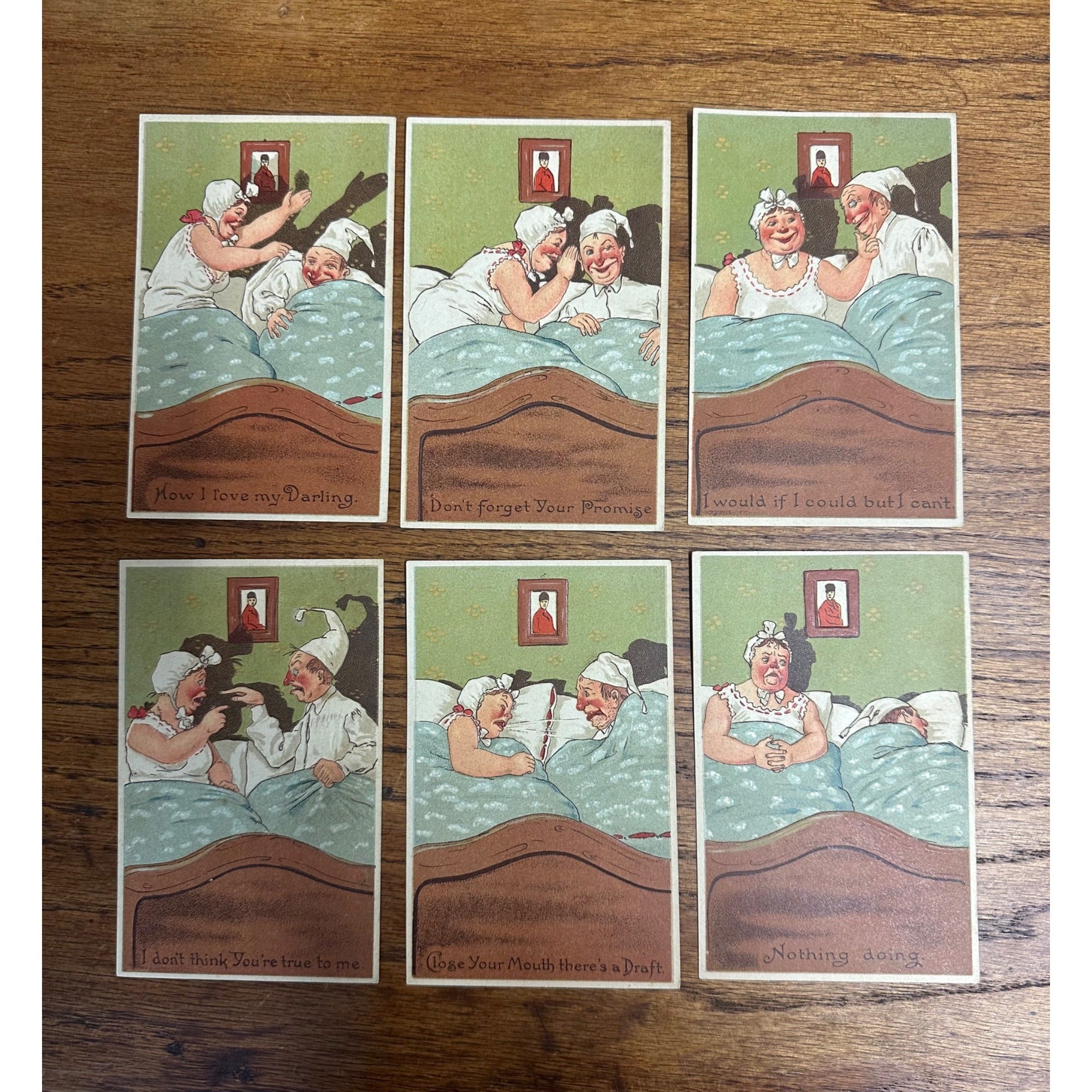 Vintage 1930s Couple in Bed Complete Postcards Set Series No. 30 S&M Funny Comedic