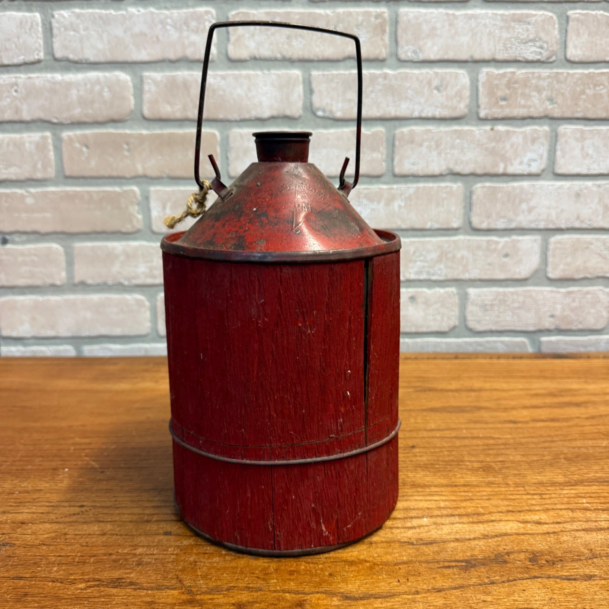 Vintage Tin Wooden Wrapped Early Gas Can Primitive Red Garage Decor Kerosene