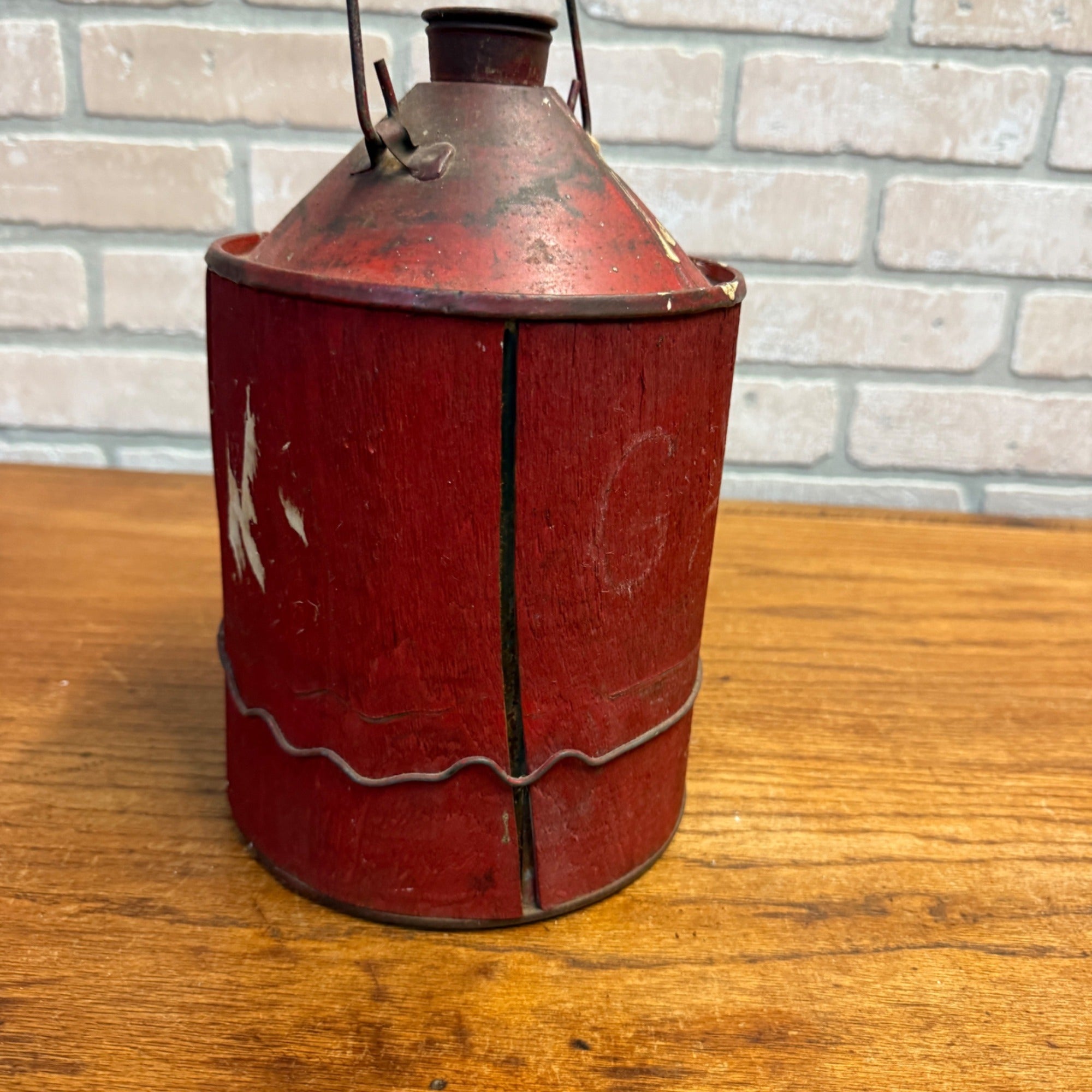 Vintage Tin Wooden Wrapped Early Gas Can Primitive Red Garage Decor Kerosene