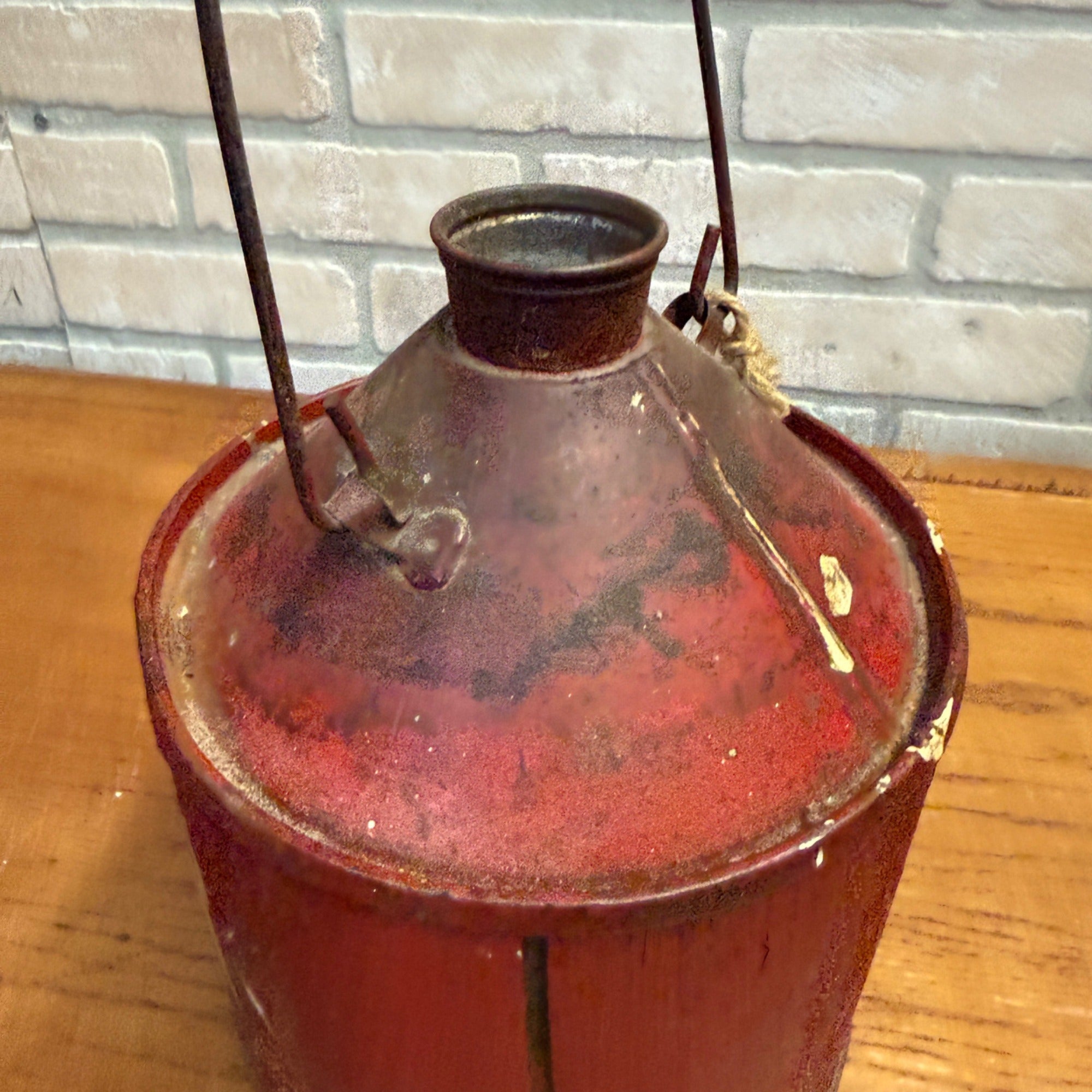 Vintage Tin Wooden Wrapped Early Gas Can Primitive Red Garage Decor Kerosene
